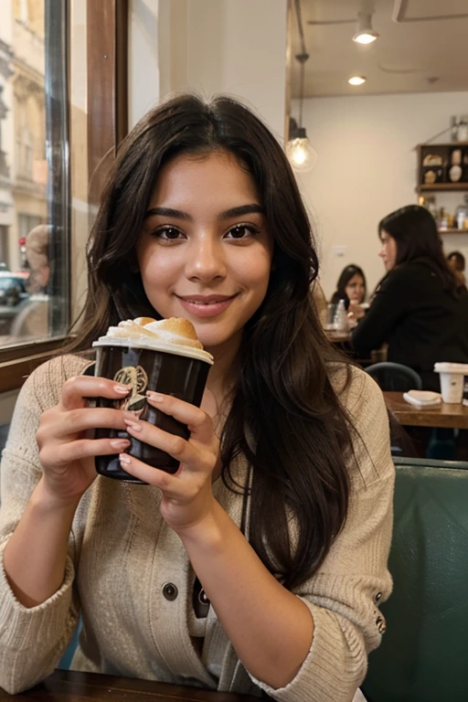 Create a portrait of a 23-year-old Latina woman, with long, curly, black hair parted to one side, and brown eyes, radiating a warm smile. She is depicted in a cozy café, dressed in casual attire, sipping on a cup of coffee, and perhaps reading a book or working on her laptop. The depiction is very realistic and detailed, capturing the charm of a café lifestyle
