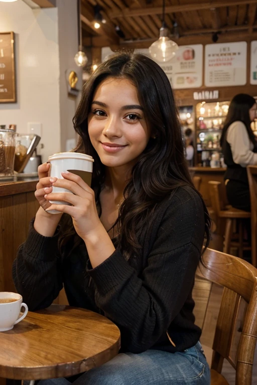 Create a portrait of a 23-year-old Latina woman, with long, curly, black hair parted to one side, and brown eyes, radiating a warm smile. She is depicted in a cozy café, dressed in casual attire, sipping on a cup of coffee, and perhaps reading a book or working on her laptop. The depiction is very realistic and detailed, capturing the charm of a café lifestyle