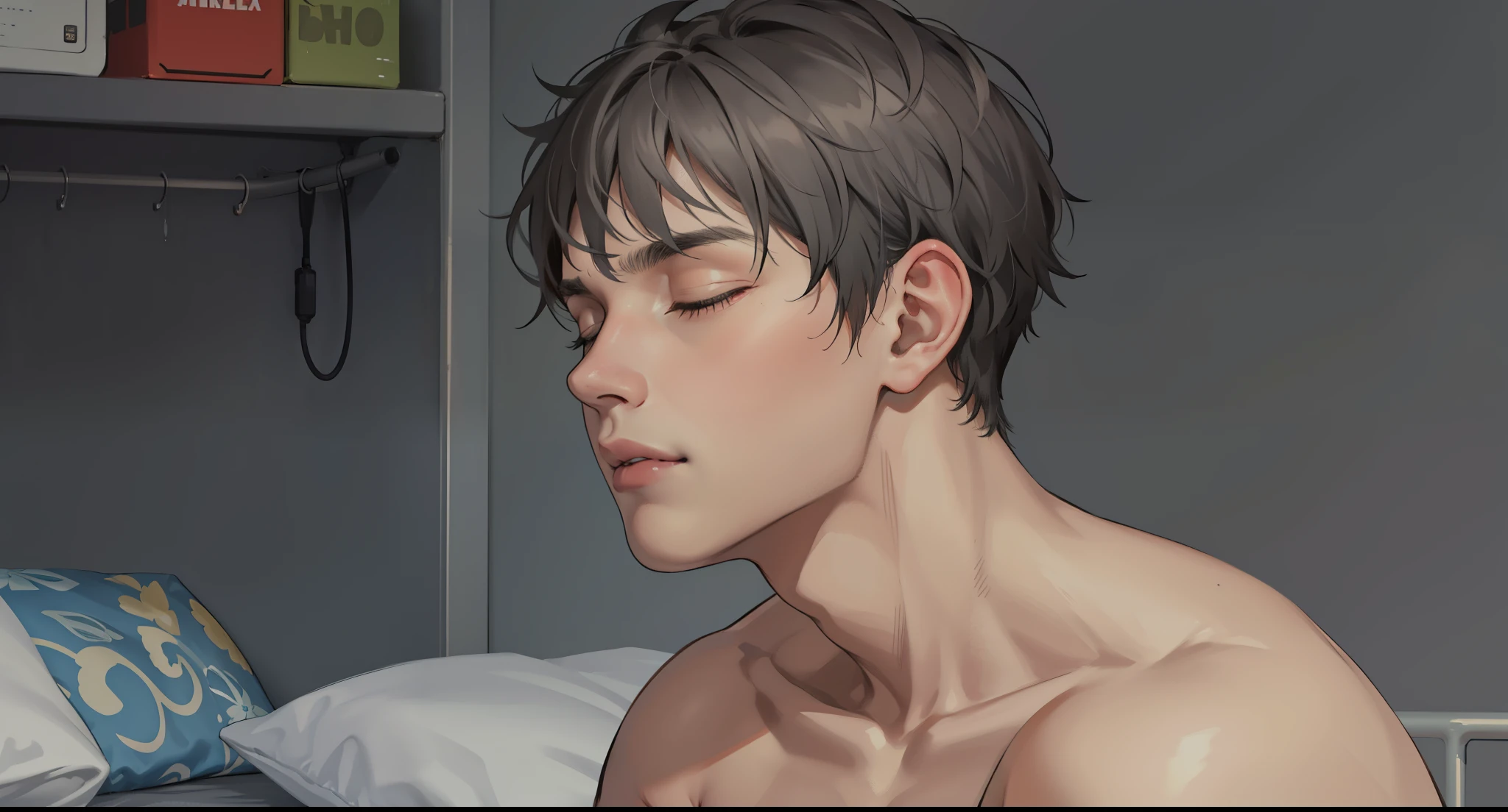 masutepiece, High quality, Best Quality, hard disk, Realistic, Perfect Lighting, Detailed face, Detailed body, 1 man, Short black hair, (Innocent expression: 1.5) (Innocent face: 1.5), Stand in your room while sleeping,Excited、I'm