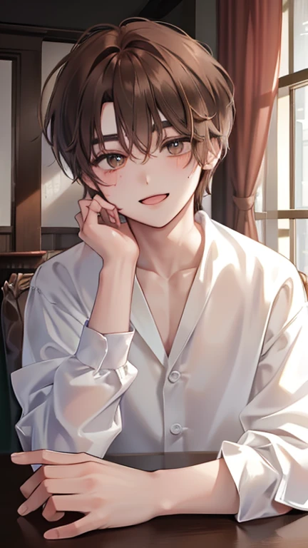 male。male性。youth。Sharp eyebrows。light brown hair。fluffy hair。short hair。Gauze on cheek。high school student。。long sleeve。lively atmosphere。high resolution。High quality。School。smile。smiling with open mouth。