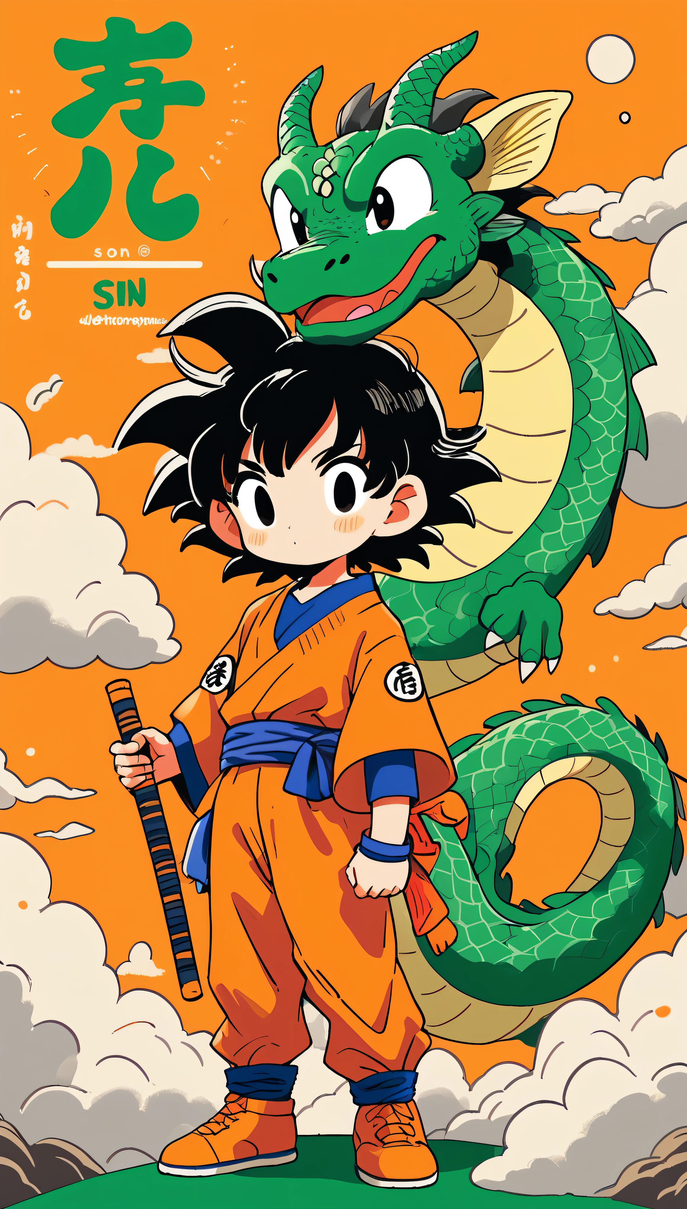 Little Sun Wukong（Son Goku）character illustration，Dragon Ball embellishes the screen，Cute little Wukong；[reference：Dragon Ball（Dragon Ball）]；black hair，orange clothes；visual audience。solid color background，There is a green dragon，A little cloud and mist，Surrounding characters embellish the picture，Chichi is behind；Atmosphere rendering。colorful，Color coordination。Rich in details。illustration style，Japanese manga style，Original style；graphic arts，Poster cover。(masterpiece, best quality)