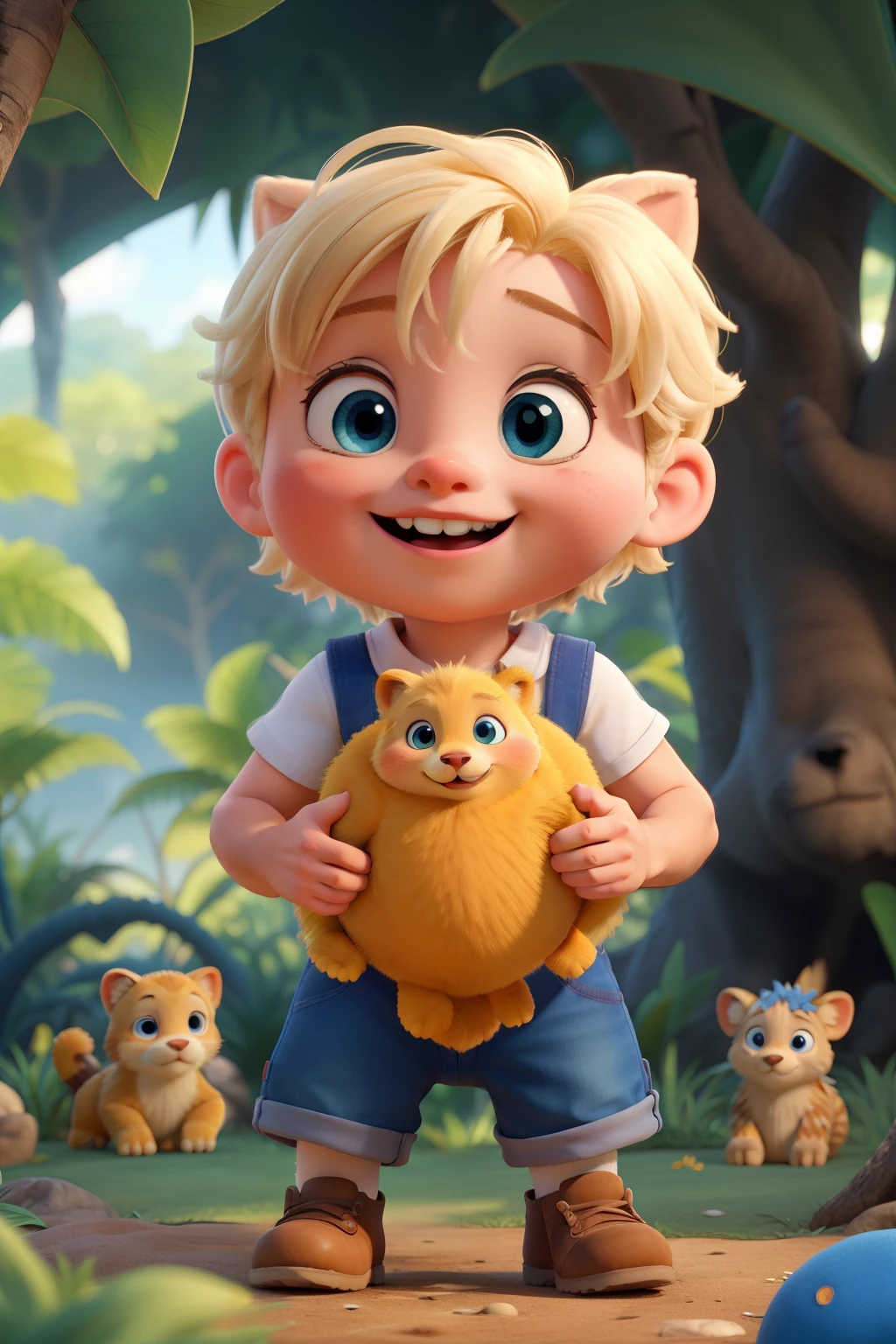 Picture a heartwarming of a blond baby 5 months old with big blue eyes, giggling joyfully as he plays amidst a vibrant jungle with his animal friends. Surrounded by lush greenery and colorful flowers