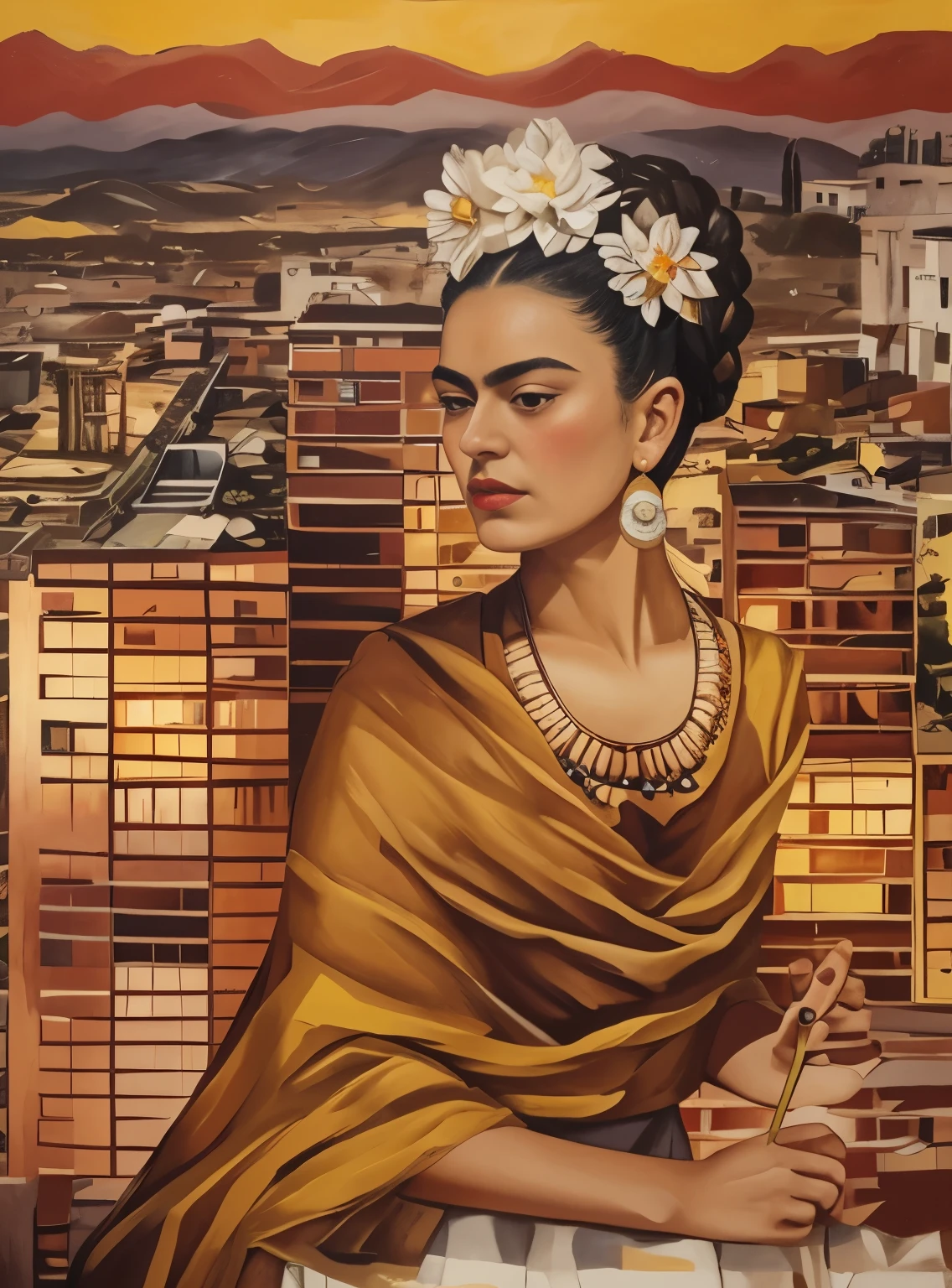 a painting of a woman with a flower in her hair, frida, inspired by Kahlo, inspired by Frida Kahlo, by Galen Dara, mexican muralism ) ravi supa, inspired by Diego Rivera, inspired by Santiago Martínez Delgado, by Meredith Dillman, art foreground : eloy morales, by Juan O'Gorman