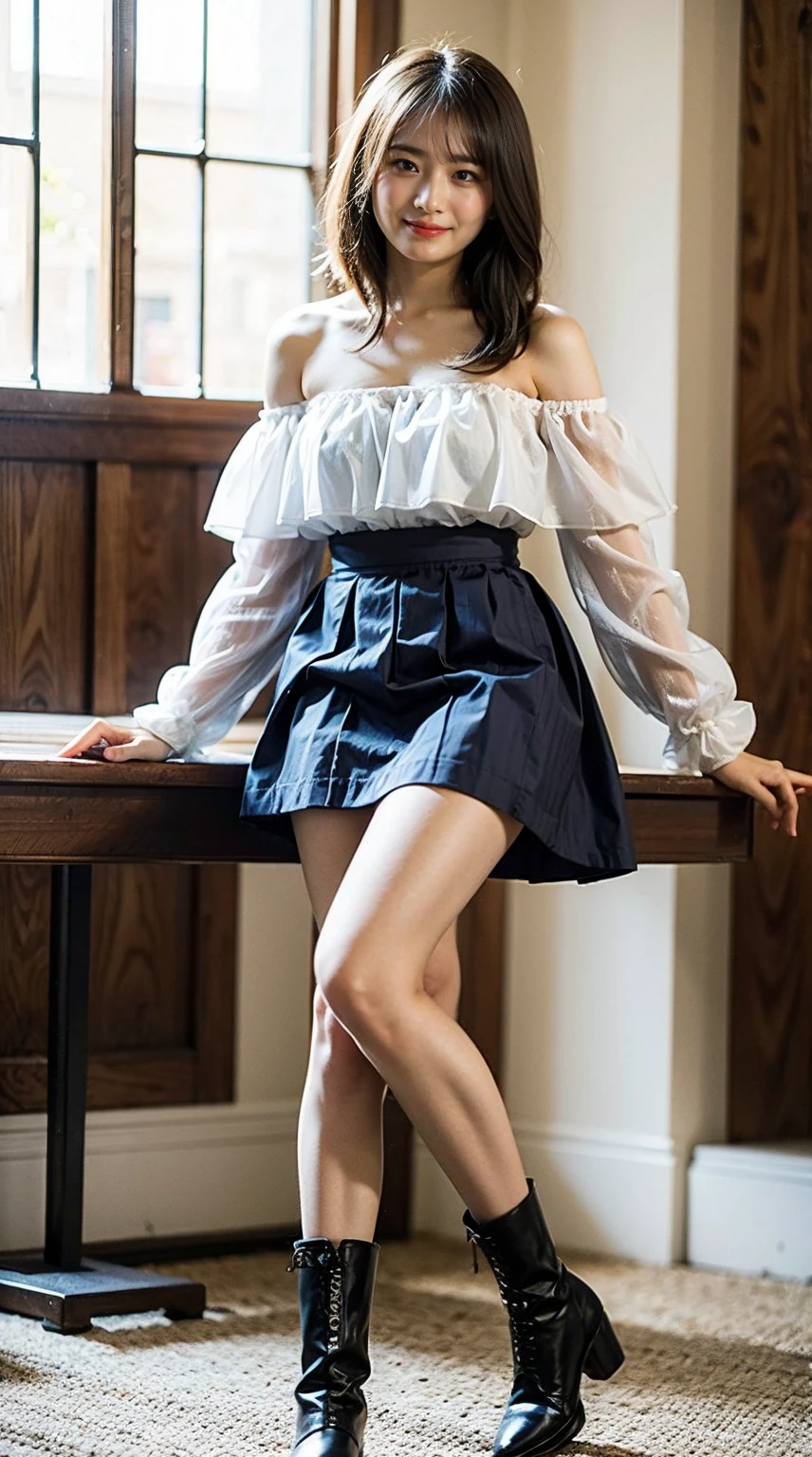 (8K、Raw photo、highest quality、masterpiece:1.2)、(realistic、Photoreal)、1 girl、((silk dress、off shoulder、mini skirt、boots、frills、ribbon、big breasts、Seen from the front、temple))、smile、lots of eyelashes、Glitter on your eyelids、skeletally correct