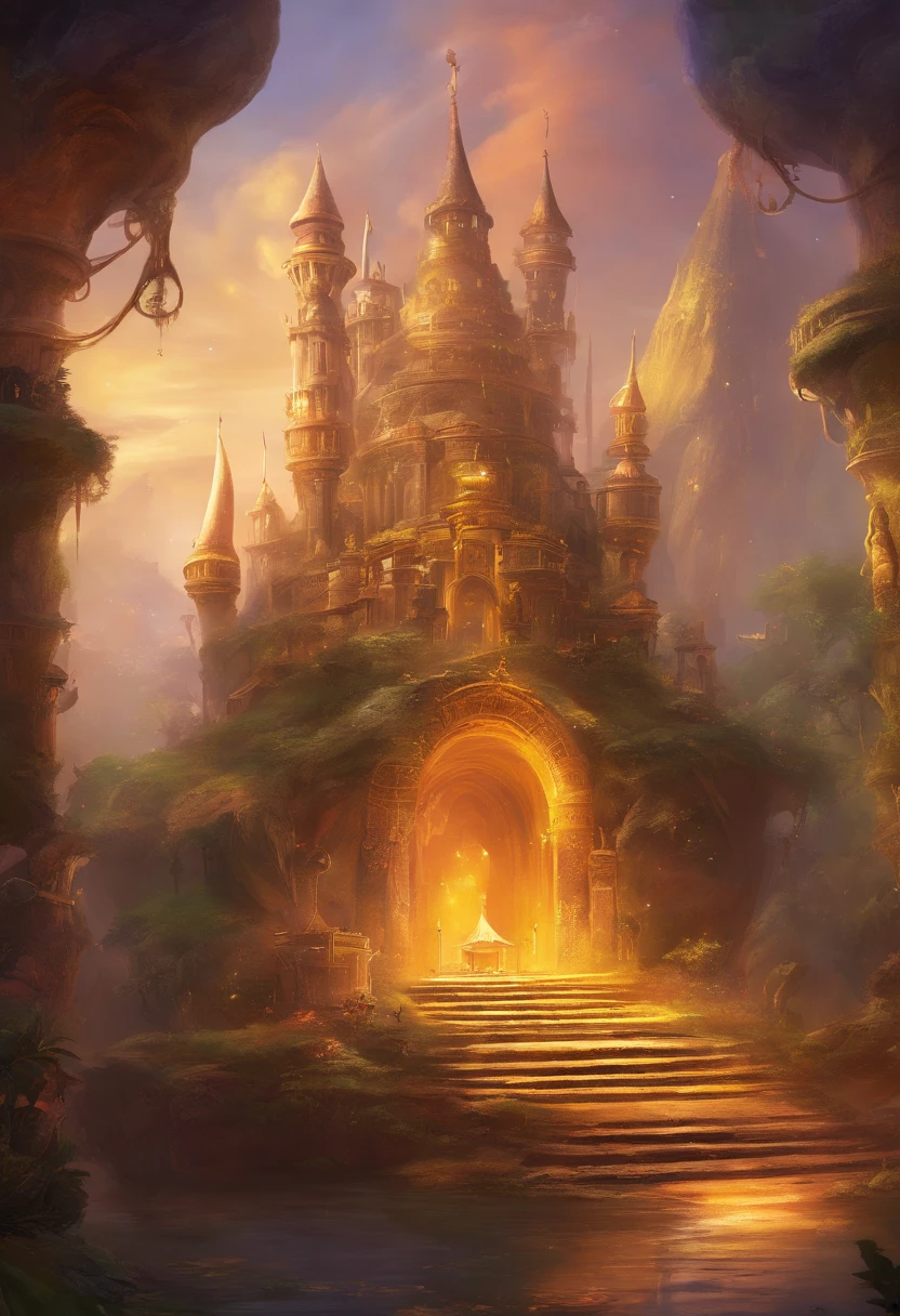 Snail society, inside snail castle, snail king on mud throne, ceremonial crown, festive, golden colors