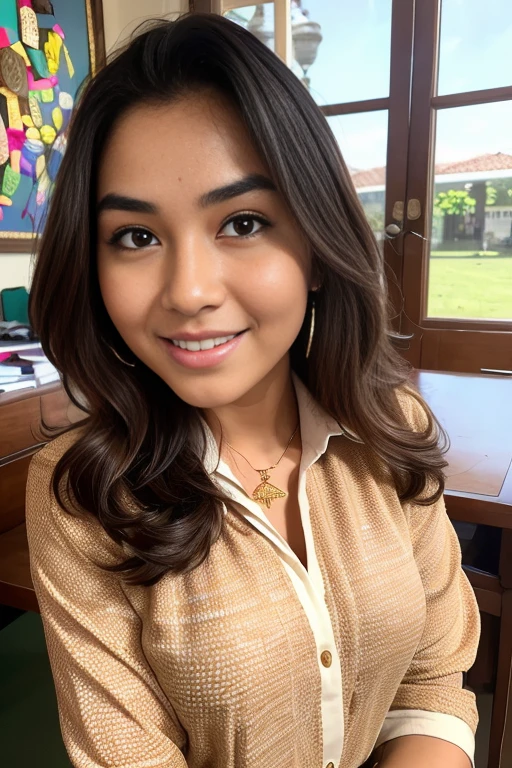 (best quality,4k,8k,highres,masterpiece:1.2),ultra-detailed,(realistic,photorealistic,photo-realistic:1.37),beautiful Indonesian woman with gorgeous eyes and long black hair,classroom setting with a blackboard and desks,sparkling eyes,big and bright smile,wearing a traditional Indonesian batik dress,gold earrings and necklace,detailed facial features like her rosy cheeks and flawless skin,books and notebooks on the desk,pencil and eraser in her hand,creative and studious expression,soft natural lighting,rich and vibrant colors depicting the Indonesian culture,portraits,Indonesian heritage,academic atmosphere,meticulous attention to detail,ethnic diversity in the background,beautiful patterned carpet.