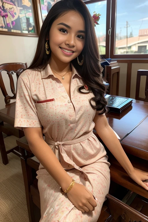 (best quality,4k,8k,highres,masterpiece:1.2),ultra-detailed,(realistic,photorealistic,photo-realistic:1.37),beautiful Indonesian woman with gorgeous eyes and long black hair,classroom setting with a blackboard and desks,sparkling eyes,big and bright smile,wearing a traditional Indonesian batik dress,gold earrings and necklace,detailed facial features like her rosy cheeks and flawless skin,books and notebooks on the desk,pencil and eraser in her hand,creative and studious expression,soft natural lighting,rich and vibrant colors depicting the Indonesian culture,portraits,Indonesian heritage,academic atmosphere,meticulous attention to detail,ethnic diversity in the background,beautiful patterned carpet.