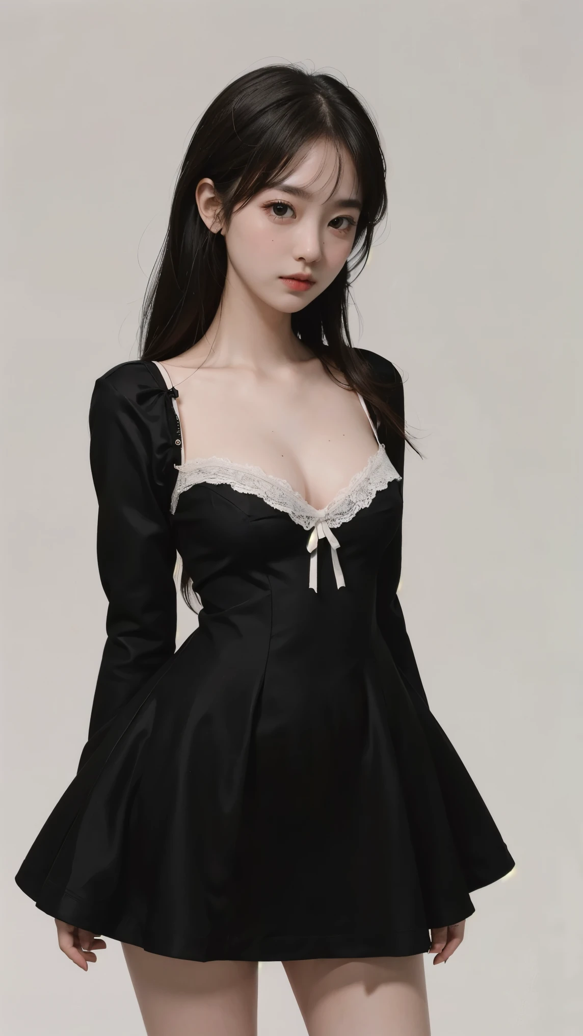 8k, best quality, masterpiece, realistic, ultra detail, photo realistic, Increase quality, look at viewer, soft expression, simple background, (black minidress), (white ribbon), fashion, breast, lace