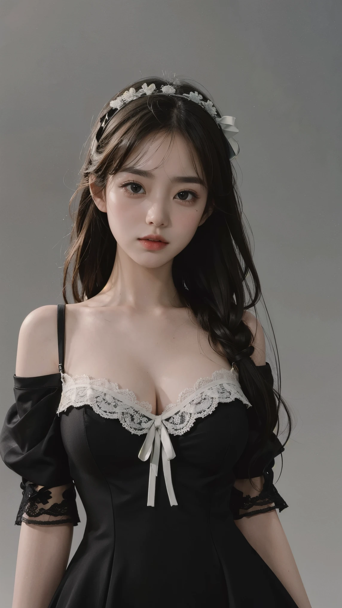 8k, best quality, masterpiece, realistic, ultra detail, photo realistic, Increase quality, look at viewer, soft expression, simple background, (black minidress), (white ribbon), fashion, breast, lace