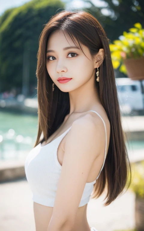 ((Best Quality, 8K, masutepiece: 1.3)), (Sharp Focus: 1.2), A quaint coastal fishing village with colorful boats, 1 girl, Full body, Turn your hands behind your back, stunning elegant pose,Neat and clean beauty, 20 years old, Half Japan and half American, Looking away, Classy and elegant, A pretty girl with perfect figure, shyly smile, Cute, Shy, ((Shoulder-length straight hair swaying in the wind, Bangs)), Big breasts, (Tank top: 1.1), Skirt, Highly detailed face and skin texture, Detailed eyes, Background bokeh,