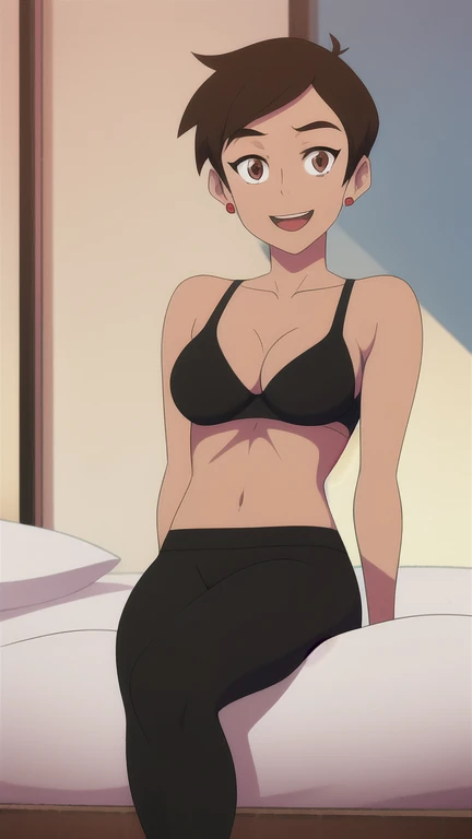 masterpiece, best quality, mawsLoisLane, 1girl, solo, black hair, short hair, brown hair, upper body, smile, red bra, looking at viewer, indoor, arms behind back, open mouth, black leggings, earrings, sunlight, sitting in a bed