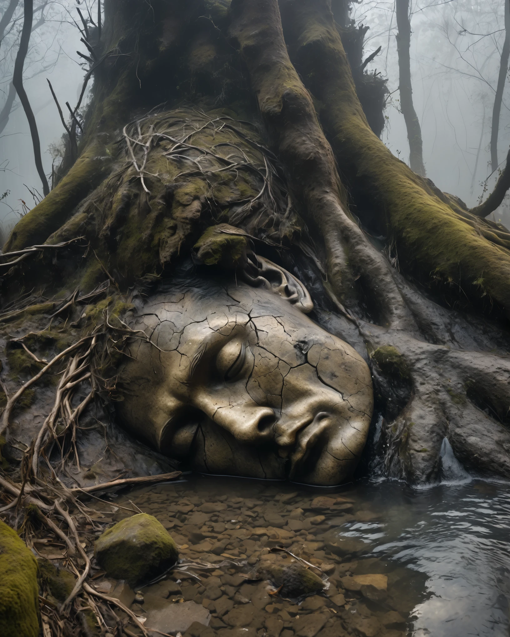 in a desolate landscape，(Close-up of a huge handsome sculpture head lying in the water）。The scene is shrouded in thick fog，Adds a sense of mystery and loneliness。The object itself appears dilapidated，There are cracks and signs of decay。the sculpture is surrounded by dry branches，In sharp contrast to the hazy background。Image quality reaches the highest level，Resolution is 4k or 8k，Capturing every intricate detail and texture。The realism of the artwork is emphasized，Demonstrating exquisite craftsmanship and lifelike characterization。Lighting is carefully planned，Cast shadows and create dramatic highlights，Enhances the overall atmosphere。Dark and soft tones are the main colors of the work.，Also adding some subtle desaturated tones and earthy tones。