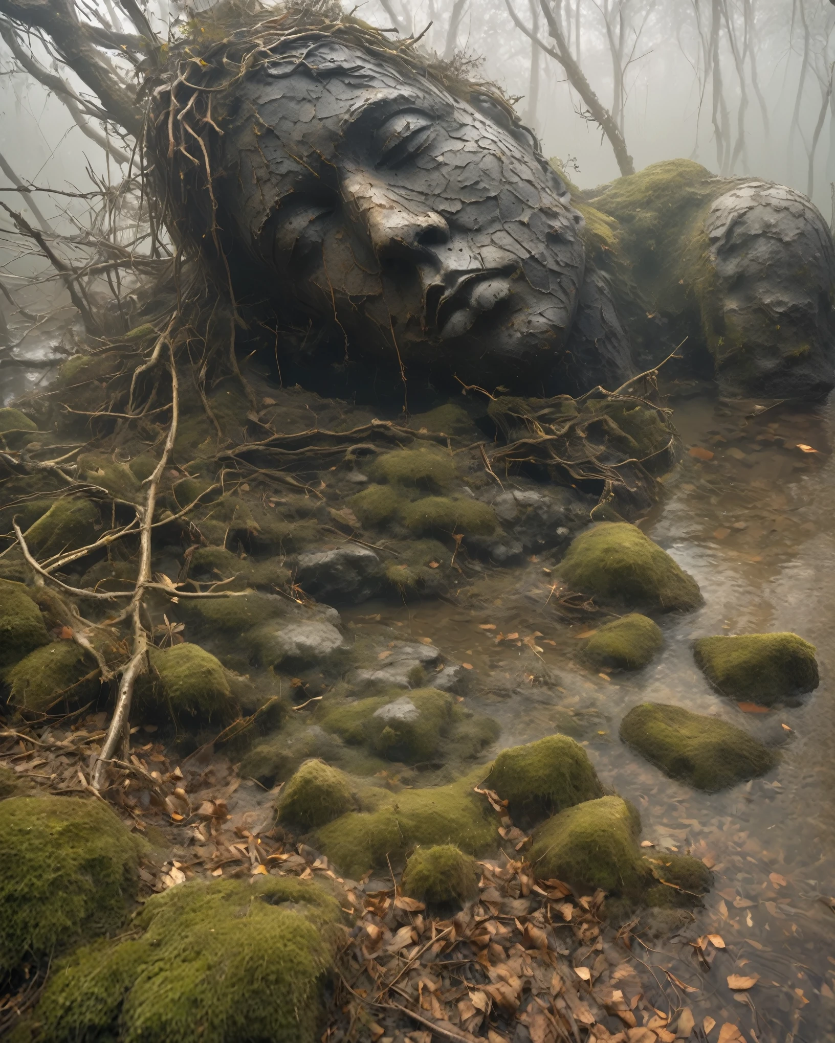 in a desolate landscape，(Close-up of a huge handsome sculpture head lying in the water）。The scene is shrouded in thick fog，Adds a sense of mystery and loneliness。The object itself appears dilapidated，There are cracks and signs of decay。the sculpture is surrounded by dry branches，In sharp contrast to the hazy background。Image quality reaches the highest level，Resolution is 4k or 8k，Capturing every intricate detail and texture。The realism of the artwork is emphasized，Demonstrating exquisite craftsmanship and lifelike characterization。Lighting is carefully planned，Cast shadows and create dramatic highlights，Enhances the overall atmosphere。Dark and soft tones are the main colors of the work.，Also adding some subtle desaturated tones and earthy tones。