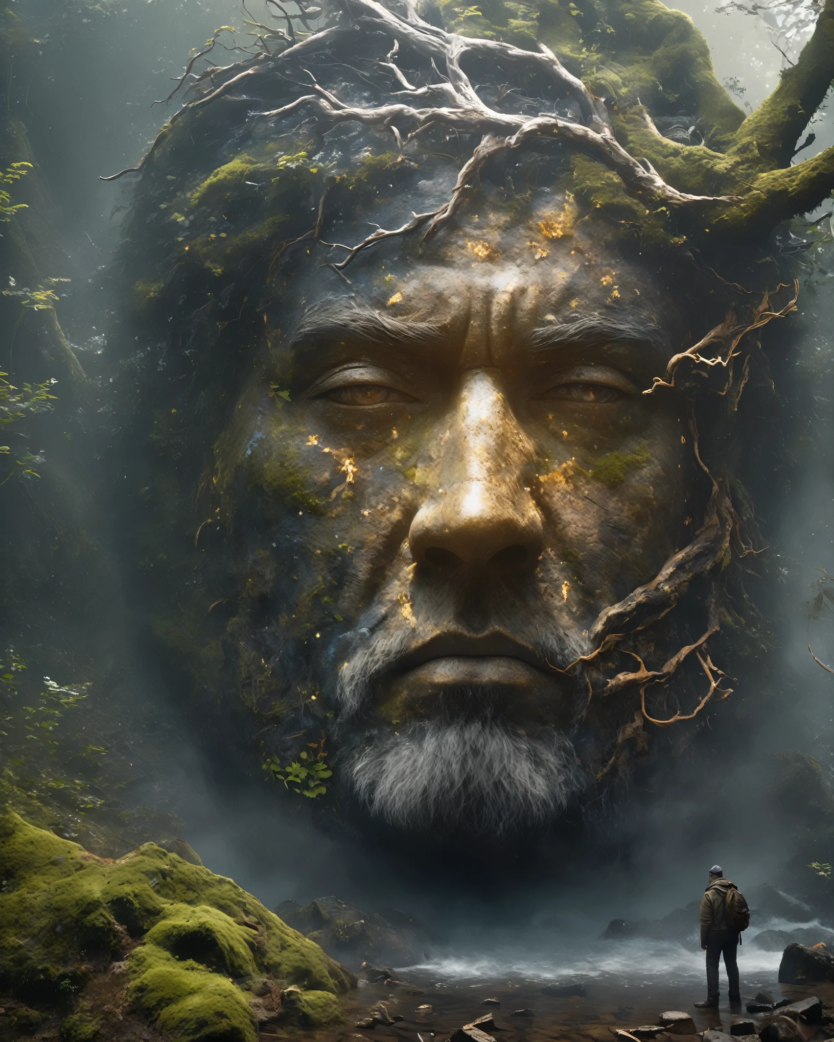 from above, bokeh, UHD, masterpiece, high details, high quality, award winning, best quality, highres, 16k，
(Looking up angle），Big Dumb Object，（Portrait of huge handsome man head sculpture collapsed in water：1.3），Great Wilderness，Dense fog，old，Dead branches，Art style of Philip Hodas，Matte of the human soul, realism ，BDO works by American digital artist Stuart Lippincott，Use advanced tones and shading，Creates a dazzling and mysterious light，The deep spatial pattern and mysterious atmosphere,Create a sci-fi mechanical god realm,Highlighting the insignificance of human beings，and fear of the unknown，minimalist art，fantasy，Surrealism，