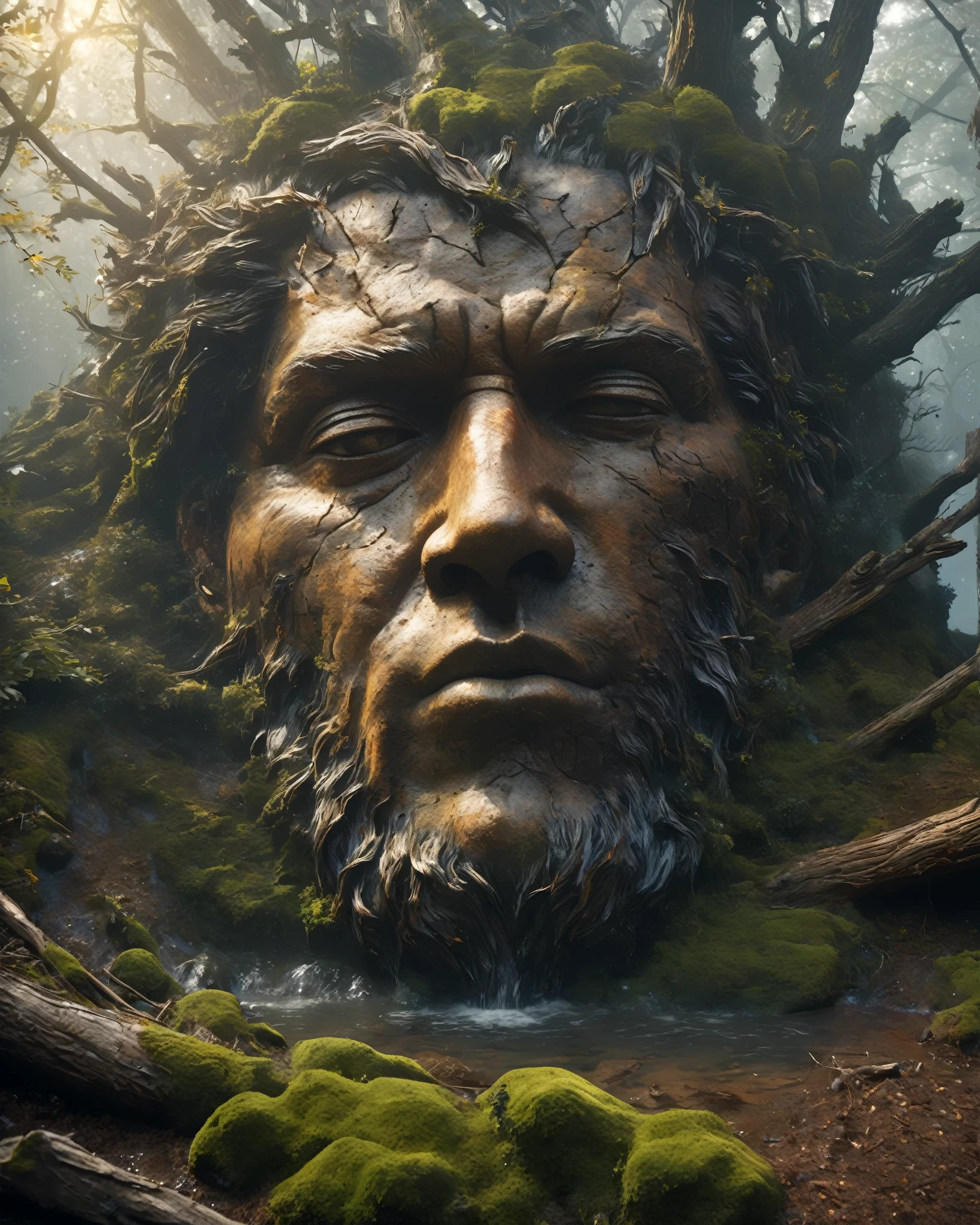 from above, bokeh, UHD, masterpiece, high details, high quality, award winning, best quality, highres, 16k，
(Looking up angle），Big Dumb Object，（Portrait of huge handsome man head sculpture collapsed in water：1.3），Great Wilderness，Dense fog，old，Dead branches，Art style of Philip Hodas，Matte of the human soul, realism ，BDO works by American digital artist Stuart Lippincott，Use advanced tones and shading，Creates a dazzling and mysterious light，The deep spatial pattern and mysterious atmosphere,Create a sci-fi mechanical god realm,Highlighting the insignificance of human beings，and fear of the unknown，minimalist art，fantasy，Surrealism，