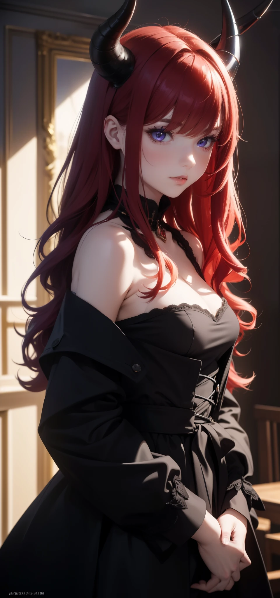 (Masterpiece, Best quality, 8K resolution, upper body focus, 1 girl, looking directly at the viewer, Red hair, Medium-length hair with loose waves, Purple eyes glowing with inner light, Demon horns adorned delicately on her head, Black coat covering her shoulders, Indoors, Dimly lit room bathed in soft shadows, The actress, 23 years old, portrayed with impeccable detail and an air of enchantment.)