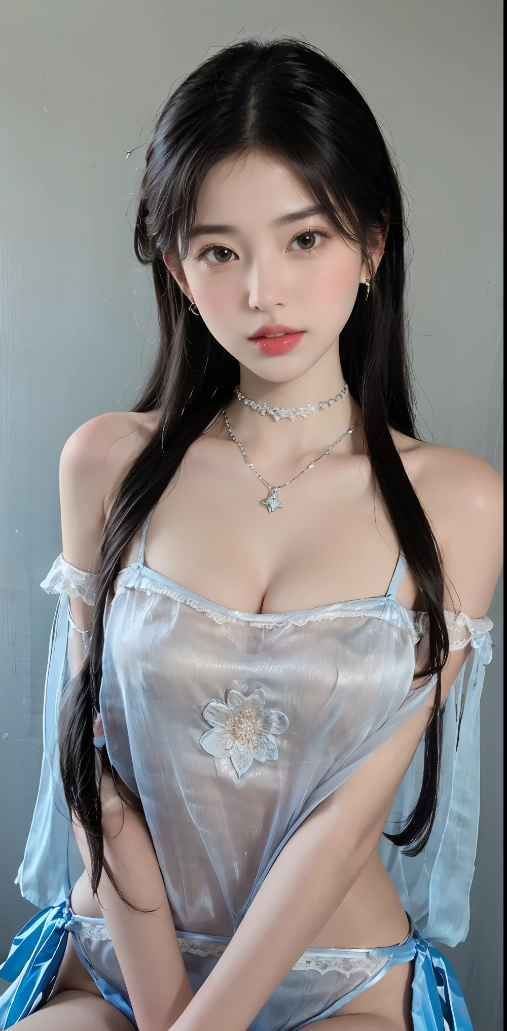 (masterpiece, highest quality:1.2), 8K, 85mm, Raw photo, confused, white and cyan theme, gray hair, gradient dress, delicate girl, Upper body, close your face, shiny skin, teen, looking at the viewer, HDR, sharp focus, particle, dusk sky, shiny skin, small eyes and face, colorful background, simple background、earrings、necklace、clavicle、straight long、straight perm、silver hair、large breast, see-through, thigh high