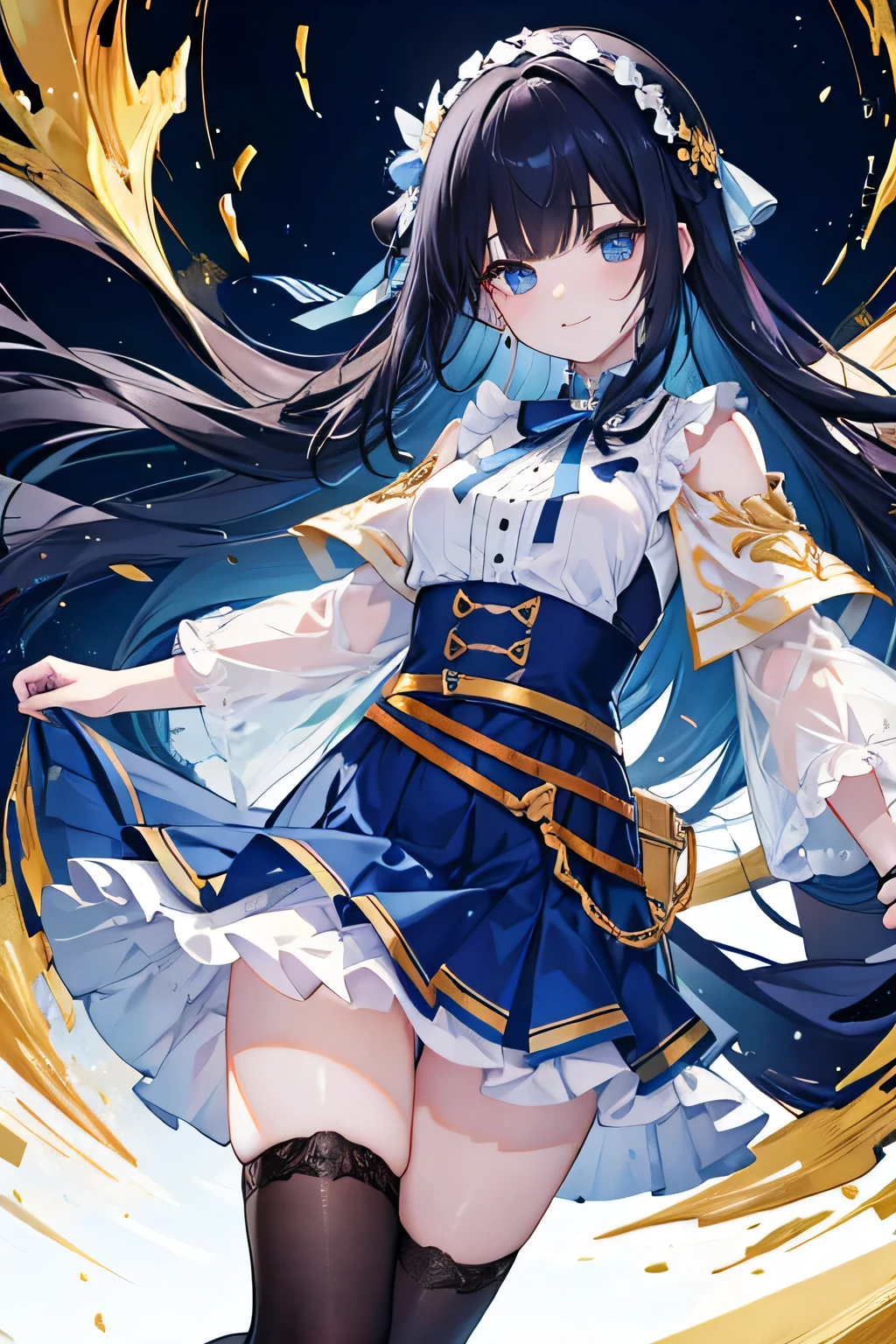 highest quality, masterpiece, High resolution, 8K, beautiful black hair、long triplet、Beautiful blue eyes、smile、bright white and amber clothes、blue ribbon、clothes are wrinkled、Blue lines accent the cuffs、black belt around the waist、Gold decorations everywhere、A soft blue and white skirt that is partly transparent.、beautiful thighs、flowing fabric