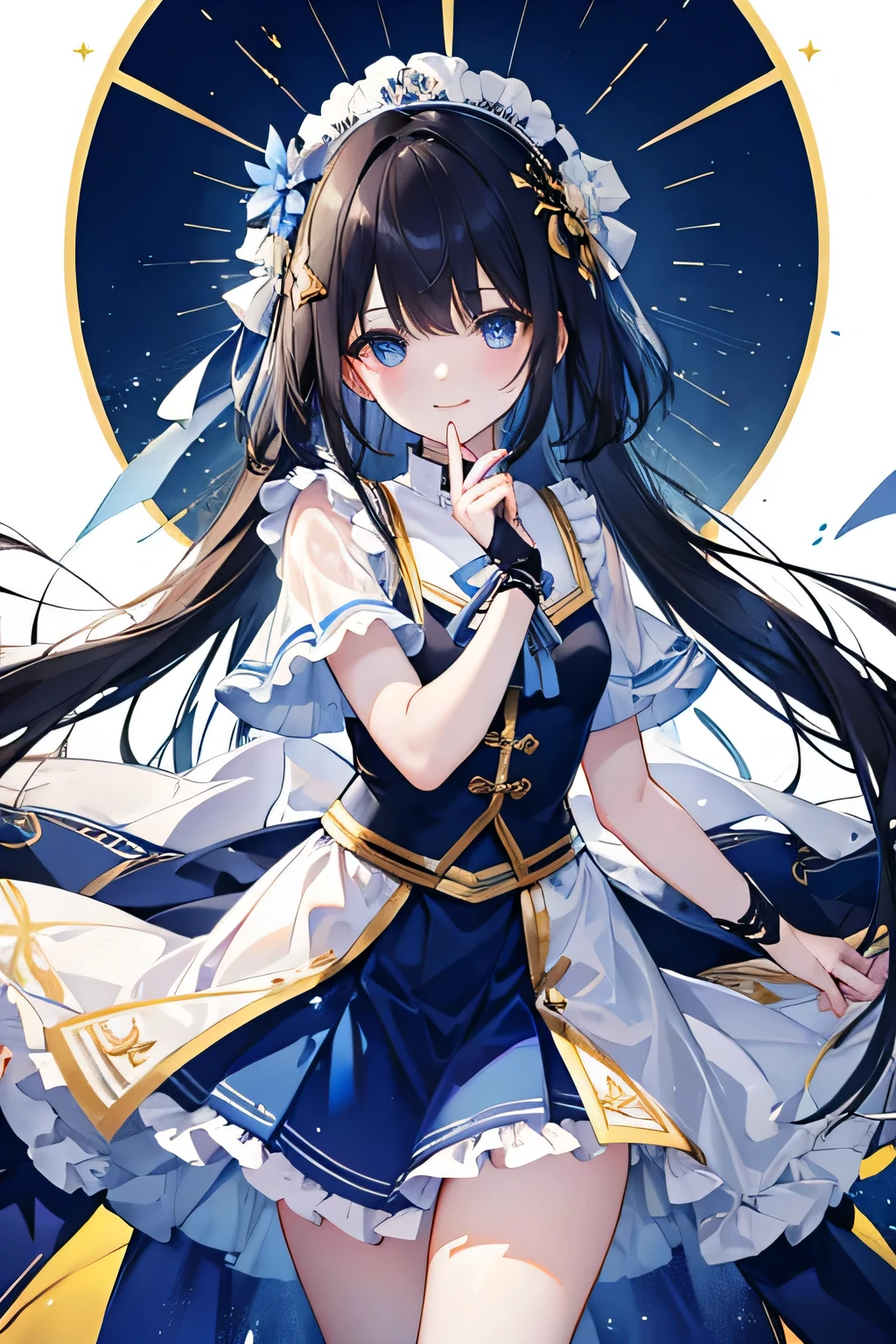 highest quality, masterpiece, High resolution, 8K, beautiful black hair、long triplet、Beautiful blue eyes、smile、bright white and amber clothes、blue ribbon、clothes are wrinkled、Blue lines accent the sleeves、black belt around the waist、Gold decorations everywhere、A light blue and white skirt flutters gently、Part of the skirt is transparent、beautiful thighs、flowing fabric