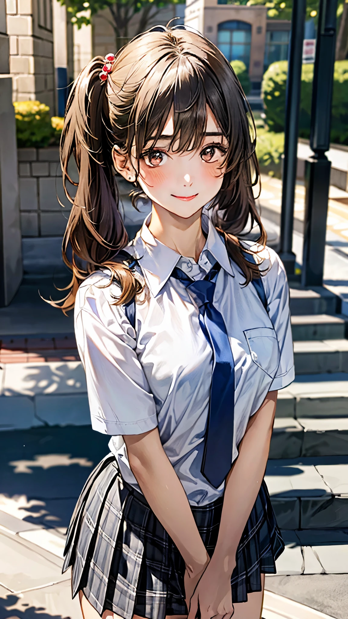 (masterpiece:1.3, top-quality, ultra high res, ultra detailed), (realistic, photorealistic:1.4), beautiful illustration, perfect lighting, natural lighting, colorful, depth of fields, surrealism,,
beautiful detailed hair, beautiful detailed face, beautiful detailed eyes, beautiful clavicle, beautiful body, beautiful chest, beautiful thigh, beautiful legs, beautiful fingers,
looking at viewer, 1 girl, high school girl, perfect face, (perfect anatomy, anatomically correct), cute and symmetrical face, babyface, , shiny skin,
(middle hair:1.5, low twintails:1.2, brown hair), asymmetrical bangs, brown eyes, long eye lasher, (medium breasts), slender,
((collared white shirt, gray plaid pleated skirt, navy tie)), ,
(beautiful scenery), evening, (school stairs), (lovely smile, upper eyes),