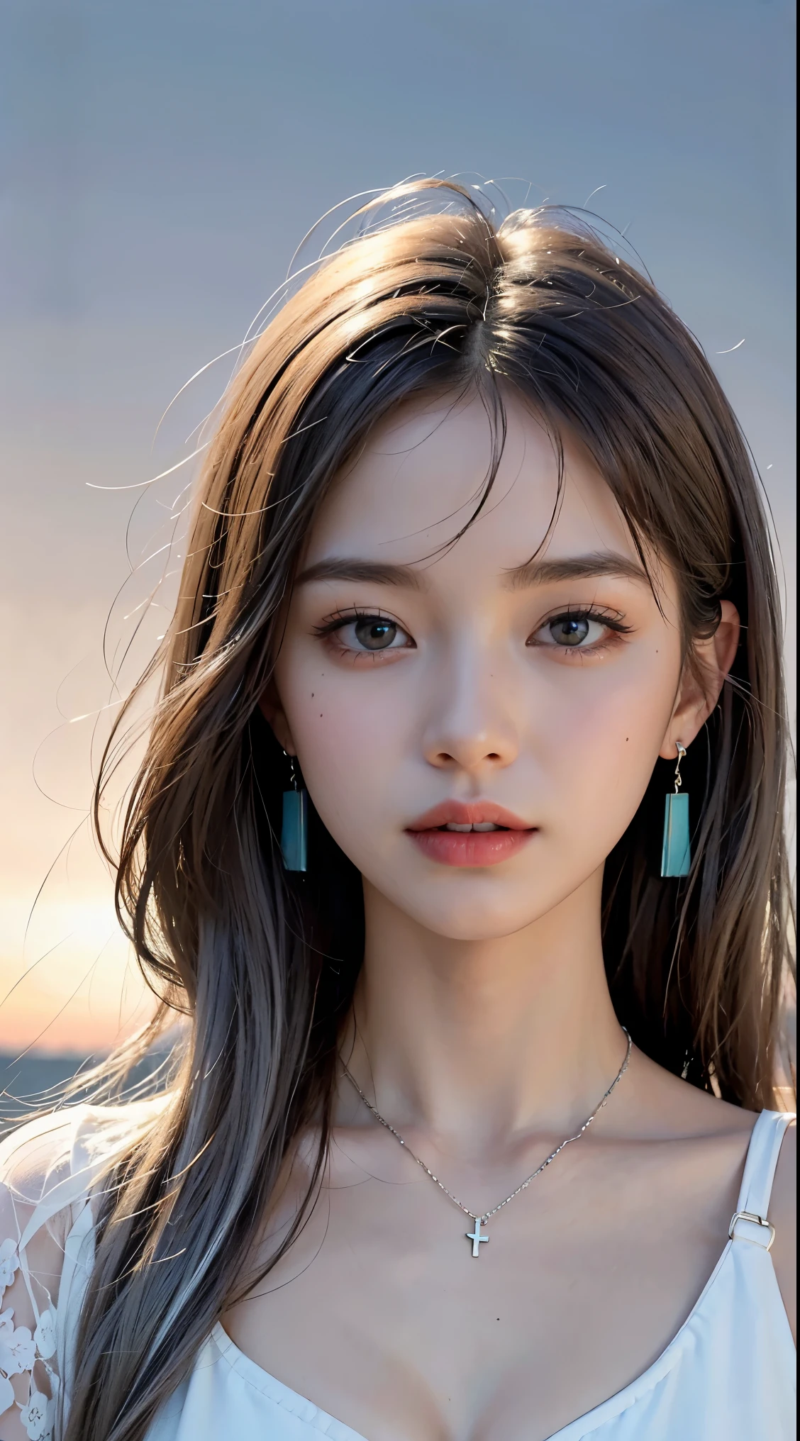 (masterpiece, highest quality:1.2), 8K, 85mm, Raw photo, confused, white and cyan theme, (liquid clothes, liquid dress:1.4), gray hair, gradient dress, delicate girl, Upper body, close your face, shiny skin, , looking at the viewer, HDR, sharp focus, particle, dusk sky, shiny skin, small eyes and face, colorful background, simple background、earrings、necklace、clavicle、straight long、straight perm、silver hair、
