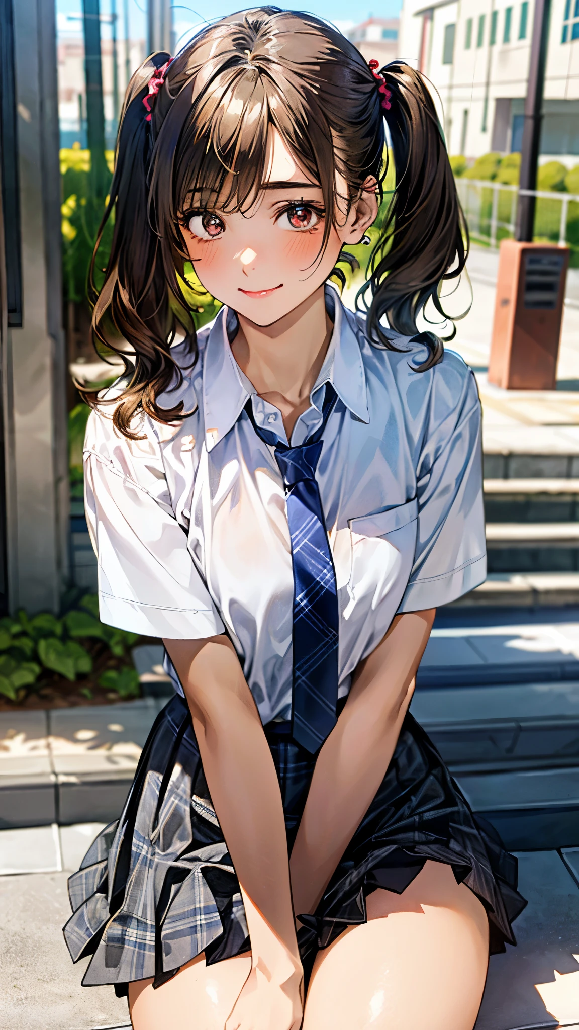 (masterpiece:1.3, top-quality, ultra high res, ultra detailed), (realistic, photorealistic:1.4), beautiful illustration, perfect lighting, natural lighting, colorful, depth of fields, surrealism,,
beautiful detailed hair, beautiful detailed face, beautiful detailed eyes, beautiful clavicle, beautiful body, beautiful chest, beautiful thigh, beautiful legs, beautiful fingers,
looking at viewer, 1 girl, high school girl, perfect face, (perfect anatomy, anatomically correct), cute and symmetrical face, babyface, , shiny skin,
(middle hair:1.5, low twintails:1.2, brown hair), asymmetrical bangs, brown eyes, long eye lasher, (medium breasts), slender,
((collared white shirt, gray plaid pleated skirt, navy tie)), ,
(beautiful scenery), evening, (school stairs), (lovely smile, upper eyes),