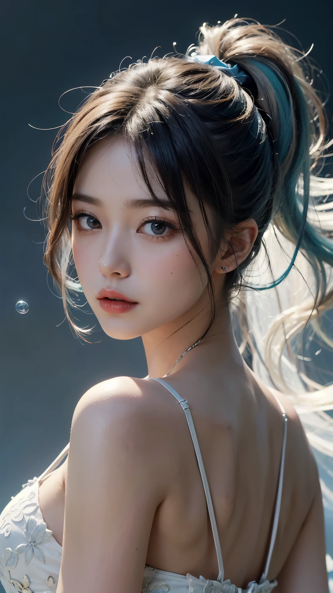 (masterpiece), (best quality), (ultra detailed),(disheveled hair),(illustration), (1girl), (Fashionable clothing), standing, Fashion model, looking at viewer, (interview), (simple background),beautiful detailed eyes, delicate beautiful face, Floating,(high saturation),(colorful splashes),colorful bubble,(shining), focus on face, ponytail, kamisato ayaka, light blue hair, bangs, hair ring, floating flowers, floating hairs, (shining), best lighting, best shadow, breast