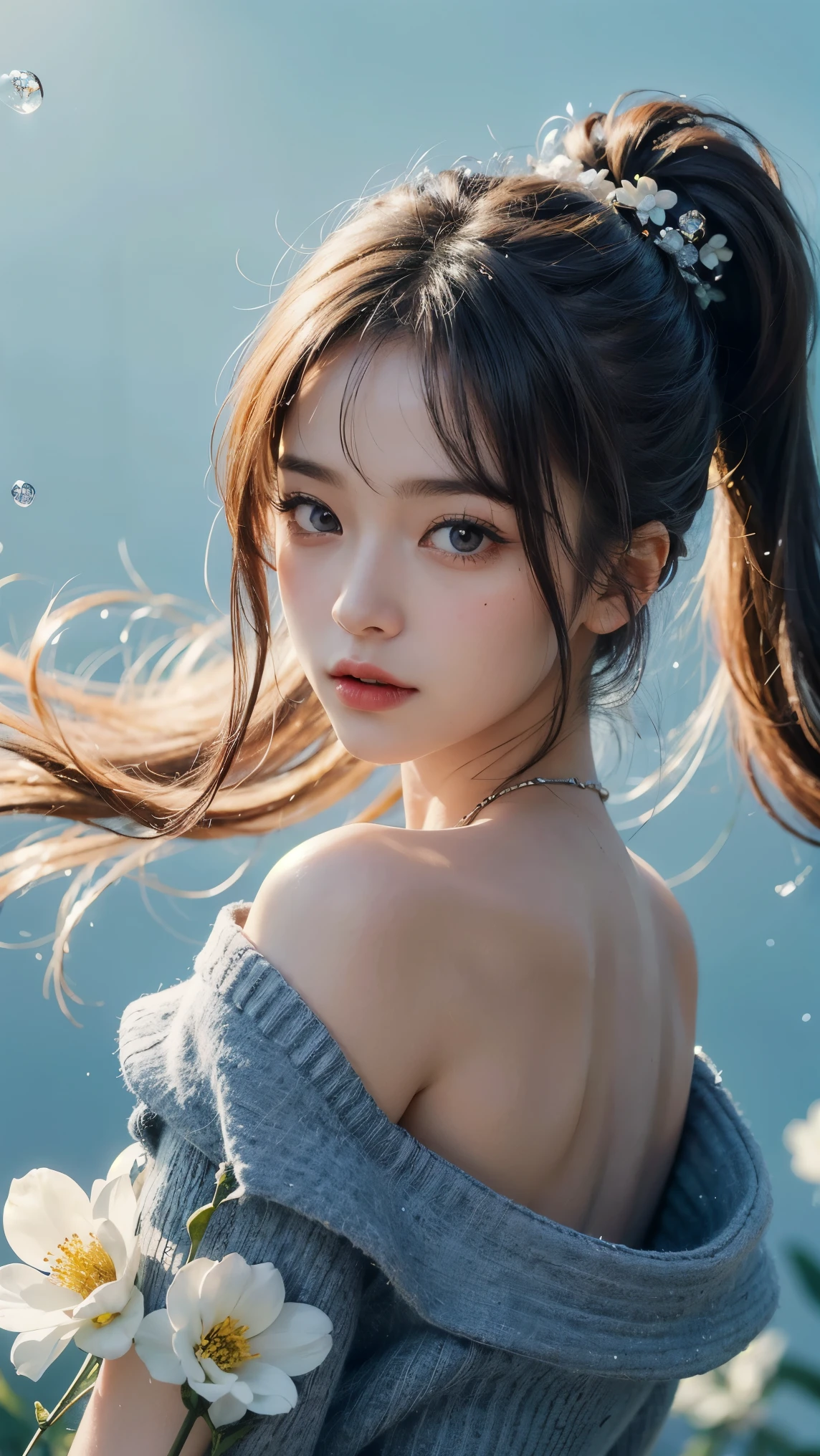 (masterpiece), (best quality), (ultra detailed),(disheveled hair),(illustration), (1girl), (Fashionable clothing), standing, Fashion model, looking at viewer, (interview), (simple background),beautiful detailed eyes, delicate beautiful face, Floating,(high saturation),(colorful splashes),colorful bubble,(shining), focus on face, ponytail, kamisato ayaka, light blue hair, bangs, hair ring, floating flowers, floating hairs, (shining), best lighting, best shadow, breast