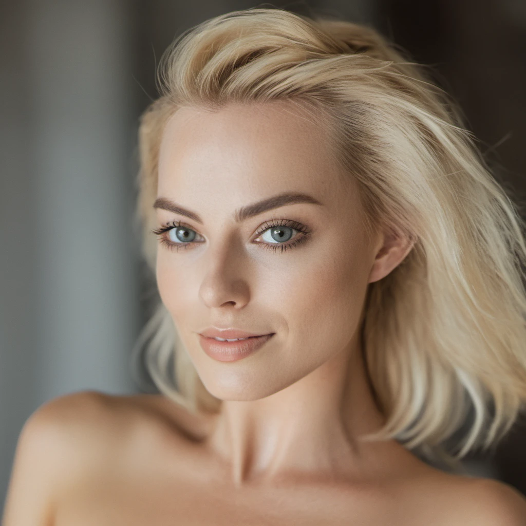 High resolution portrait photo of stunning woman, f/2.8, Canon, 85mm, cinematic, high quality, skin texture, looking at camera, very blonde, nude