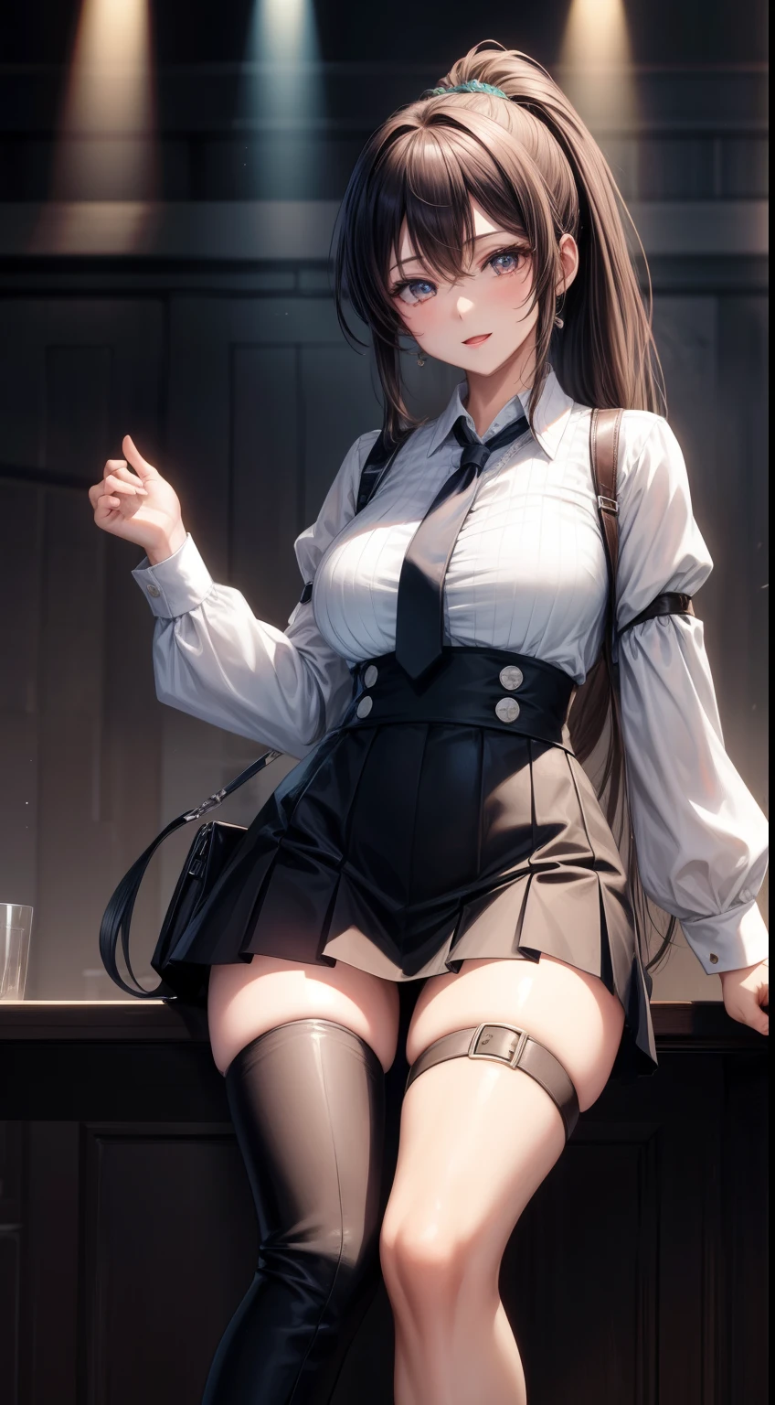 (((woman))), (((best quality person))), (masterpiece、highest quality:1.2), cowboy shot, solo, 1 girl, shirase sakuya, laughter, look at the audience, high ponytail, , collared shirt, tie, skirt、black leather thigh boots、high heels、expensive、long legs、thighs thighs thighs、full body image、expensive、Absolute area、(waitress)