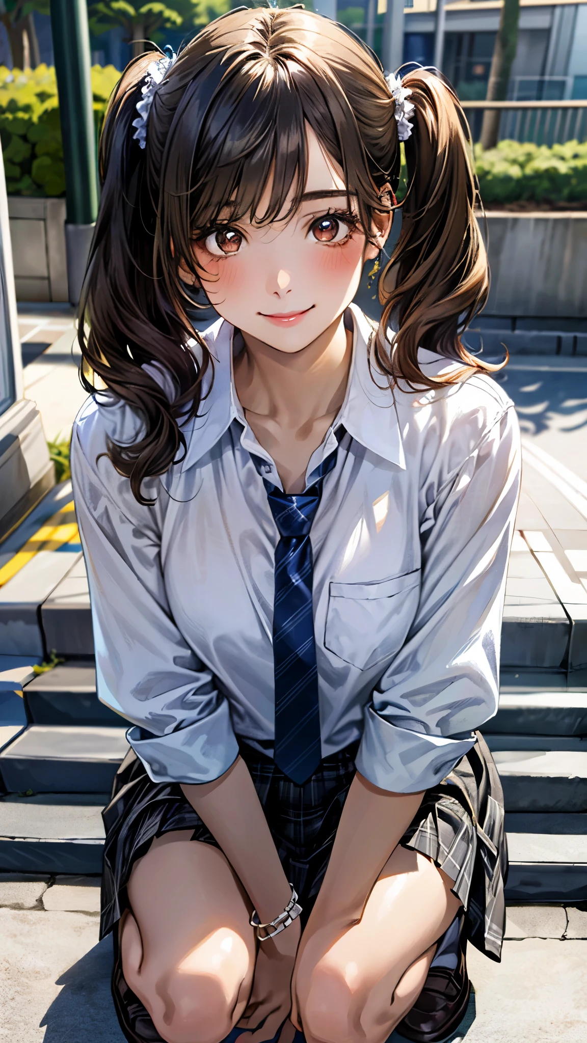 (masterpiece:1.3, top-quality, ultra high res, ultra detailed), (realistic, photorealistic:1.4), beautiful illustration, perfect lighting, natural lighting, colorful, depth of fields, surrealism,,
beautiful detailed hair, beautiful detailed face, beautiful detailed eyes, beautiful clavicle, beautiful body, beautiful chest, beautiful thigh, beautiful legs, beautiful fingers,
looking at viewer, 1 girl, high school girl, perfect face, (perfect anatomy, anatomically correct), cute and symmetrical face, face, , shiny skin,
(middle hair:1.5, low twintails:1.2, brown hair), asymmetrical bangs, brown eyes, long eye lasher, (medium breasts), slender,
((collared white shirt, gray plaid pleated skirt, navy tie)), ,
(beautiful scenery), evening, (school stairs), squatting, (lovely smile, upper eyes),
