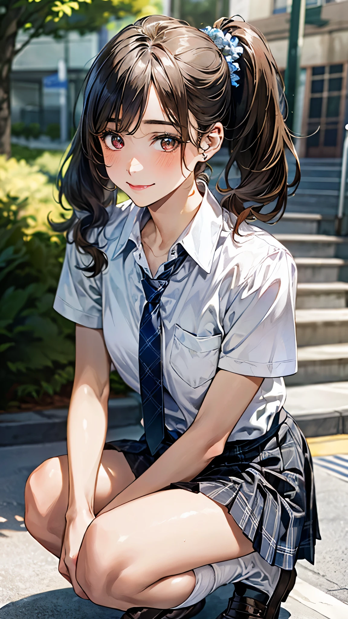 (masterpiece:1.3, top-quality, ultra high res, ultra detailed), (realistic, photorealistic:1.4), beautiful illustration, perfect lighting, natural lighting, colorful, depth of fields, surrealism,,
beautiful detailed hair, beautiful detailed face, beautiful detailed eyes, beautiful clavicle, beautiful body, beautiful chest, beautiful thigh, beautiful legs, beautiful fingers,
looking at viewer, 1 girl, high school girl, perfect face, (perfect anatomy, anatomically correct), cute and symmetrical face, babyface, , shiny skin,
(middle hair:1.5, low twintails:1.2, brown hair), asymmetrical bangs, brown eyes, long eye lasher, (medium breasts), slender,
((collared white shirt, gray plaid pleated skirt, navy tie)), ,
(beautiful scenery), evening, (school stairs), squatting, (lovely smile, upper eyes),