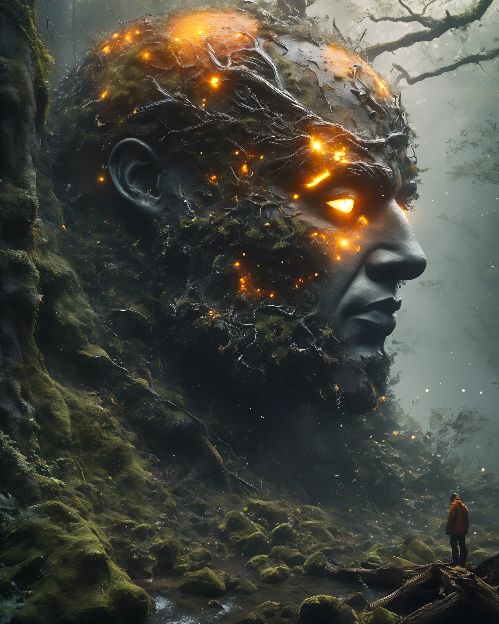 from above, bokeh, UHD, masterpiece, high details, high quality, award winning, best quality, highres, 16k，
(Looking up angle），Big Dumb Object，（Portrait of huge handsome man head sculpture collapsed in water：1.3），Great Wilderness，Dense fog，old，Dead branches，Art style of Philip Hodas，Matte of the human soul, realism ，BDO works by American digital artist Stuart Lippincott，Use advanced tones and shading，Creates a dazzling and mysterious light，The deep spatial pattern and mysterious atmosphere,Create a sci-fi mechanical god realm,Highlighting the insignificance of human beings，and fear of the unknown，minimalist art，fantasy，Surrealism，Black and orange background，