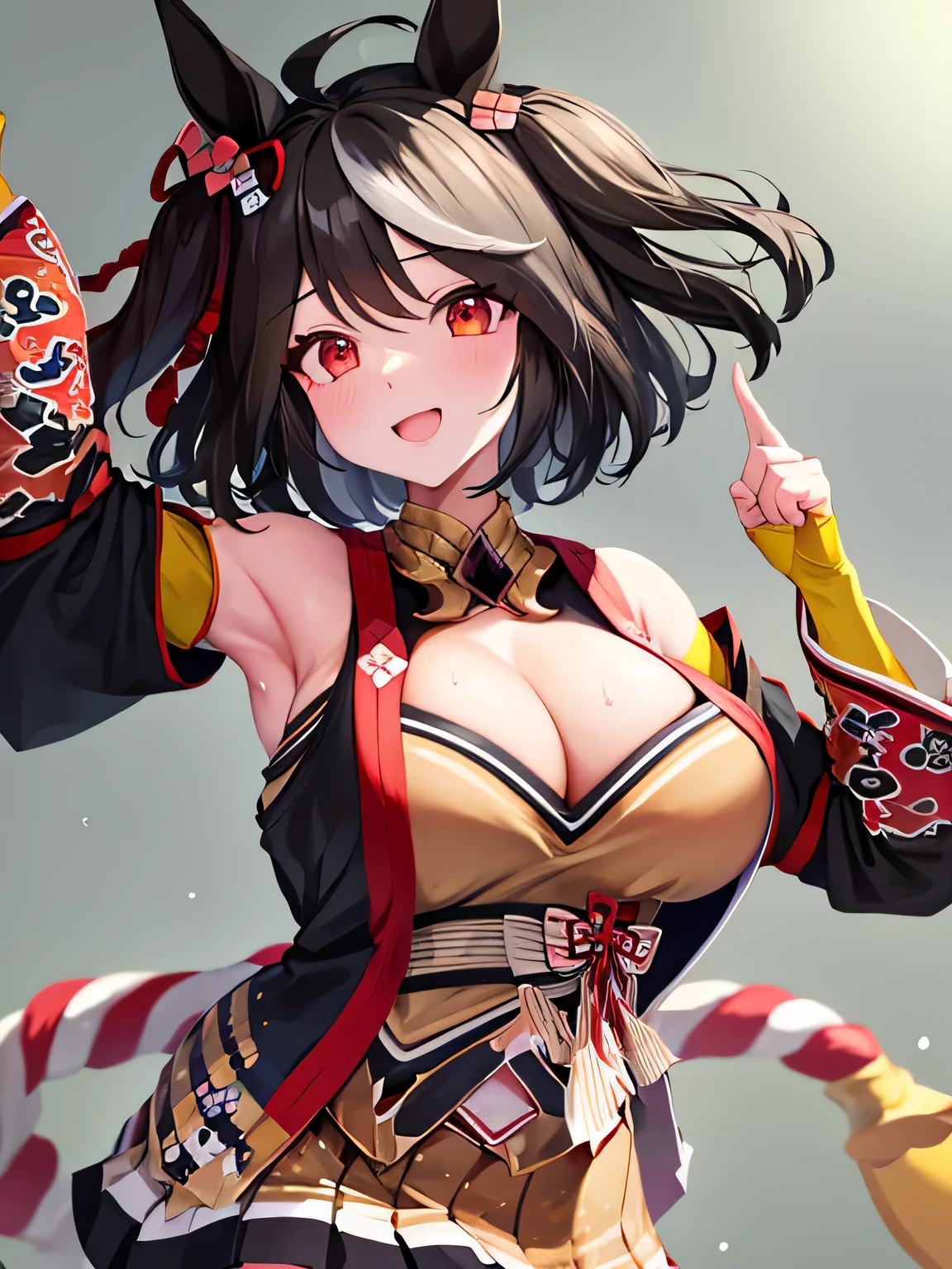 1 girl、{kitasan black,Umamusume,red eyes, horse ears, Uma Musume, horse tail, black hair, short hair, messy hair, wavy hair, smile}, Kyoto animation style, {Upper body}, {outstretched arm}, {Sweat}, handsome figure, woman, very beautiful detailed anime face and eyes, ^ ^, big breasts, Wallpaper 8k CG, very detailed, 4k,Show your armpity armpits are damp