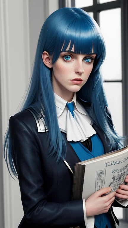 arcane style,1girl, solo, long hair, bangs, letterboxed, book, closed mouth, blue eyes, ascot, holding, jacket, shiny hair, blue hair, upper body, looking at viewer, holding book, shiny, indoors, white ascot, brooch,asymmetrical bangs, ((masterpiece))