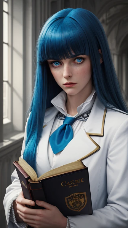 arcane style,1girl, solo, long hair, bangs, letterboxed, book, closed mouth, blue eyes, ascot, holding, jacket, shiny hair, blue hair, upper body, looking at viewer, holding book, shiny, indoors, white ascot, brooch,asymmetrical bangs, ((masterpiece))