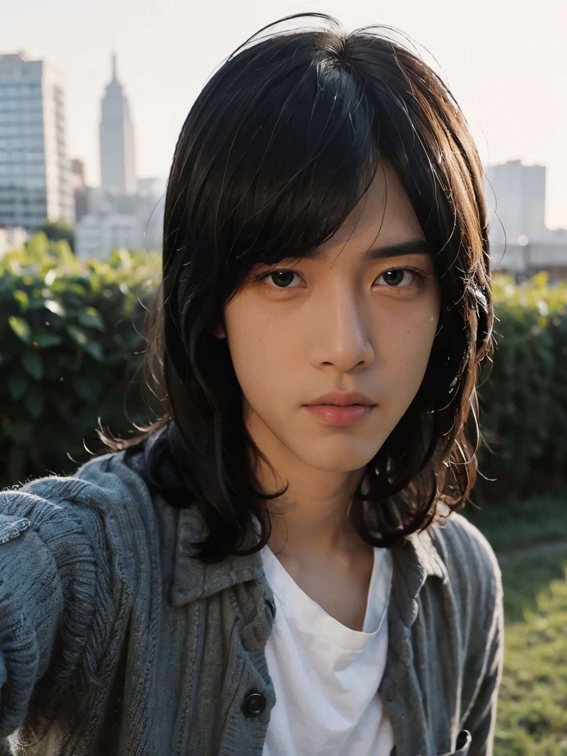 photorealistic, Ultra-detailed, best quality, masterpiece, 1boy, solo, realistic, blue striped shirt over white t-shirt, 7pm city, looking at viewer, black eyes, parted lips, portrait, shirt, lips, black hair, male focus, brown hair,