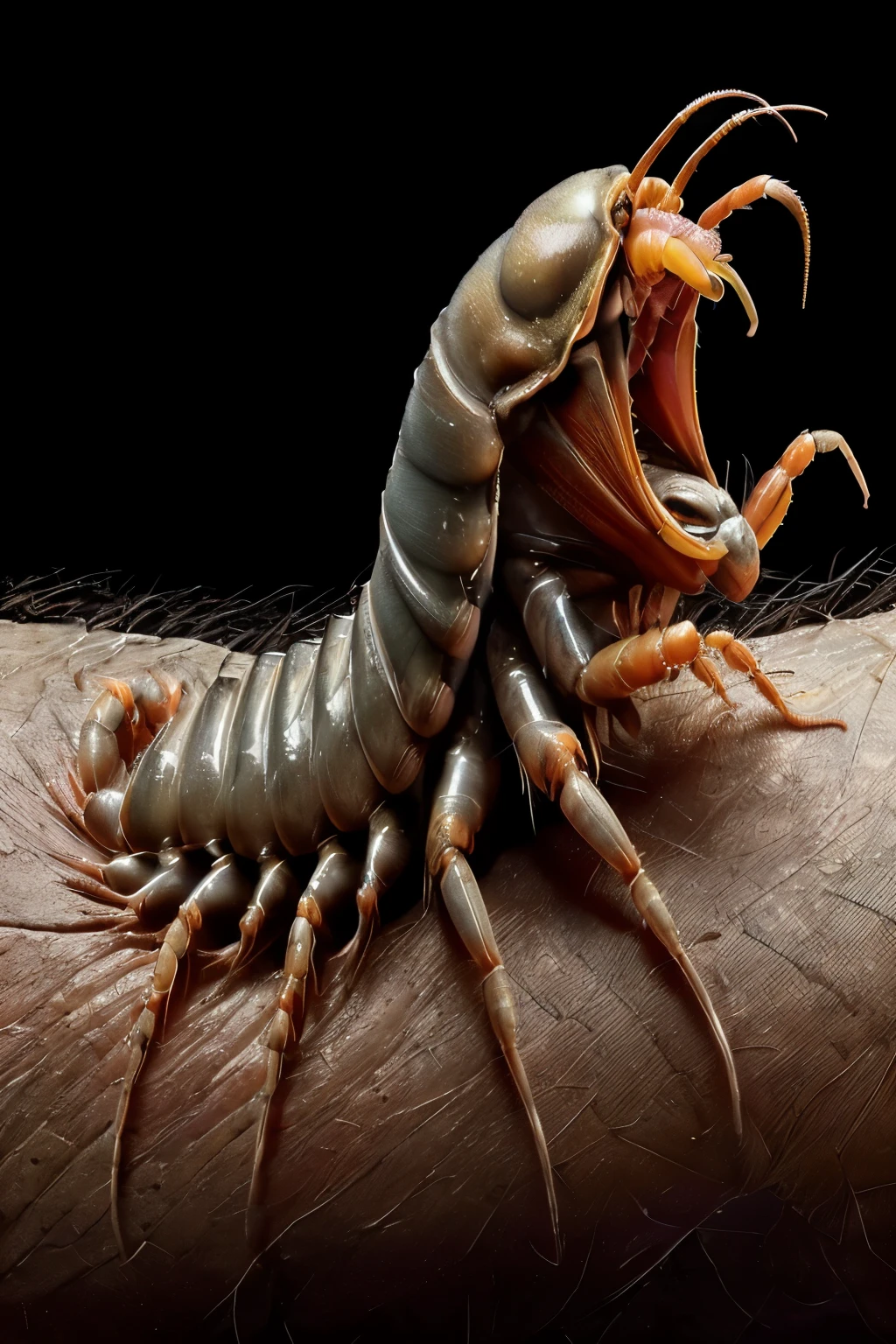 araffe en el brazo de una persona con la boca abierta, centipede, giant centipede, Las mejores criaturas horribles, Isópodo, vida de insecto dentro del cuerpo humano, antebrazos insectiles doblados, apariencia feroz, monstruo gusano, garras afiladas y detalladas, megalophobic, Award-winning macro photography, criatura aterradora, criatura tubular, They could be crawling, scorpion, insectoide