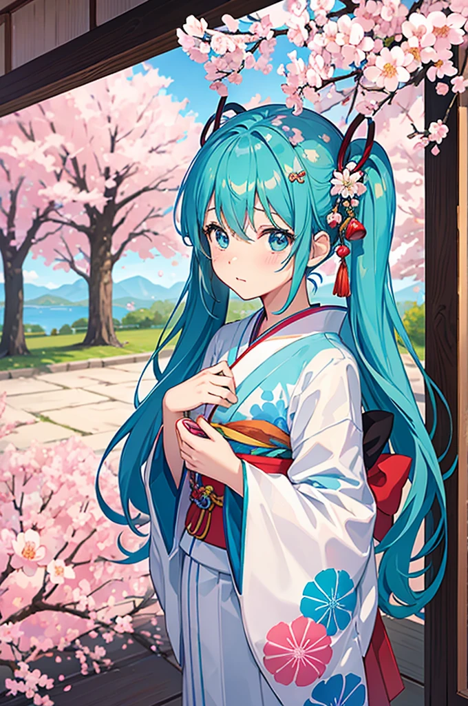 masterpiece、best image quality、超A high resolution、miku hatsune、blue hair、twin tails、blush、Cute and shy、kimono、Kyoto、Japan、daytime、cherry blossoms、cherry blossomsの花びらが舞う、a shower of cherry blossoms、spring