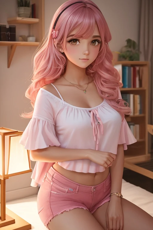 (Menina de cabelo cor-de-rosa:1.1,sardas,Blush rosa,tatuagens,usando meias de joelho,usando uma minissaia curta,sentado em uma cadeira gamer rosa)illustration,high resolution,ultra-detalhado,realista:1.37,retratos,cores vivas,soft lighting