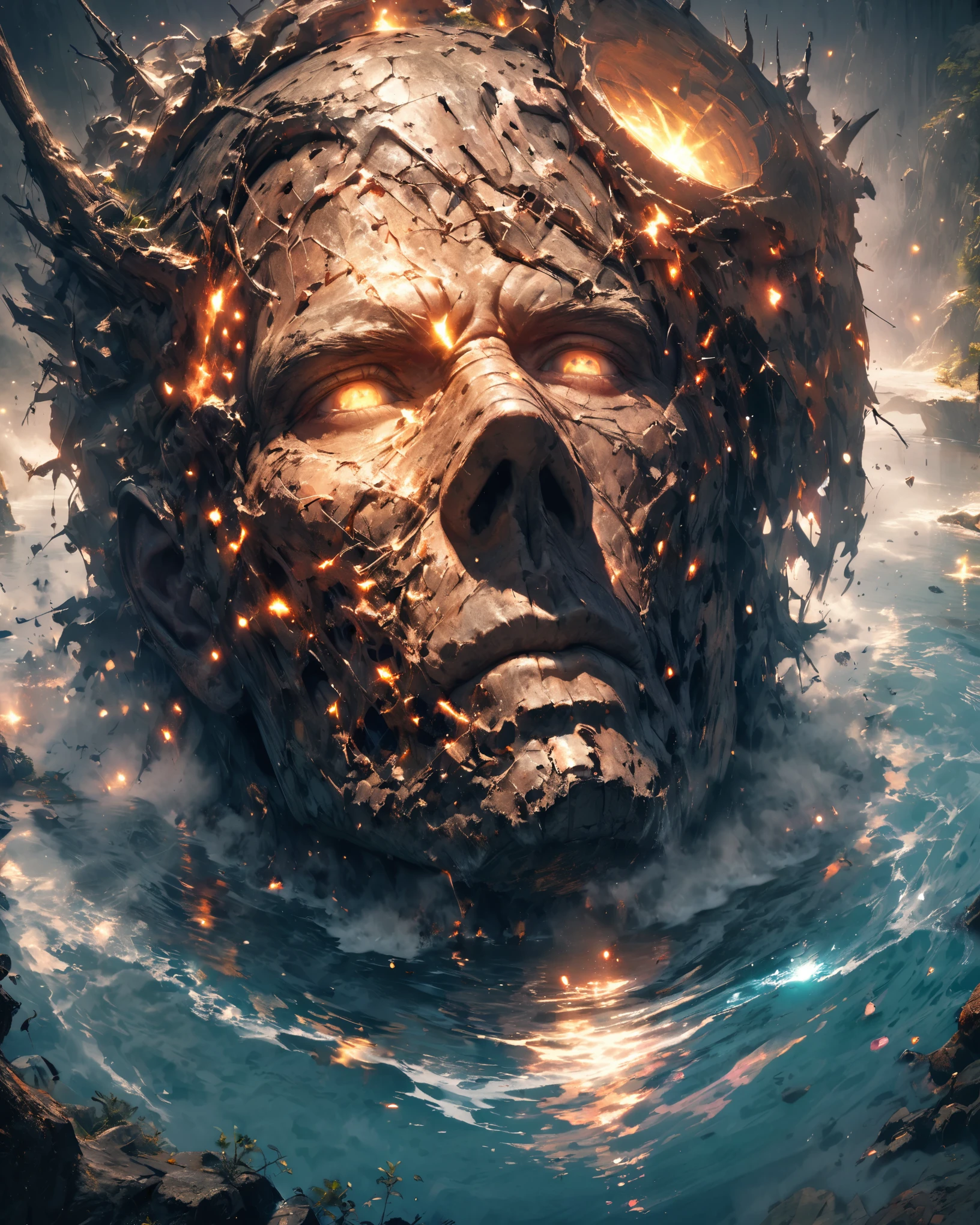 from above, bokeh, UHD, masterpiece, high details, high quality, award winning, best quality, highres, 16k,
(Looking up angle),Big Dumb Object,(Portrait of huge handsome man head sculpture collapsed in water:1.3),Great Wilderness,Dense fog,old,Dead branches,Art style of Philip Hodas,Matte of the human soul, realism ,BDO works by American digital artist Stuart Lippincott,Use advanced tones and shading,Creates a dazzling and mysterious light,The deep spatial pattern and mysterious atmosphere,Create a sci-fi mechanical god realm,Highlighting the insignificance of human beings,and fear of the unknown,minimalist art,fantasy,Surrealism,
