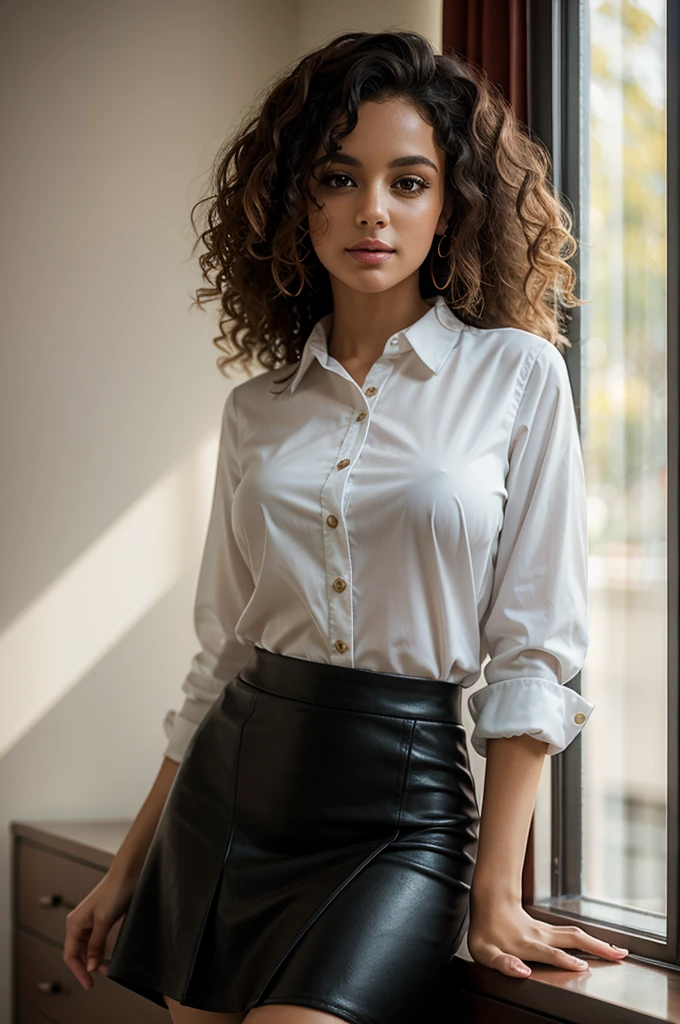 woman with curly hair wearing a skirt and blouse with detailed seductive
alluring eyes in a modern bedroom, best quality masterpiece, photorealistic,
detailed, 8k, HDR, shallow depth of field, broad light, high contrast,
backlighting, bloom, light sparkles, chromatic aberration, sharp focus,
RAW color photo
