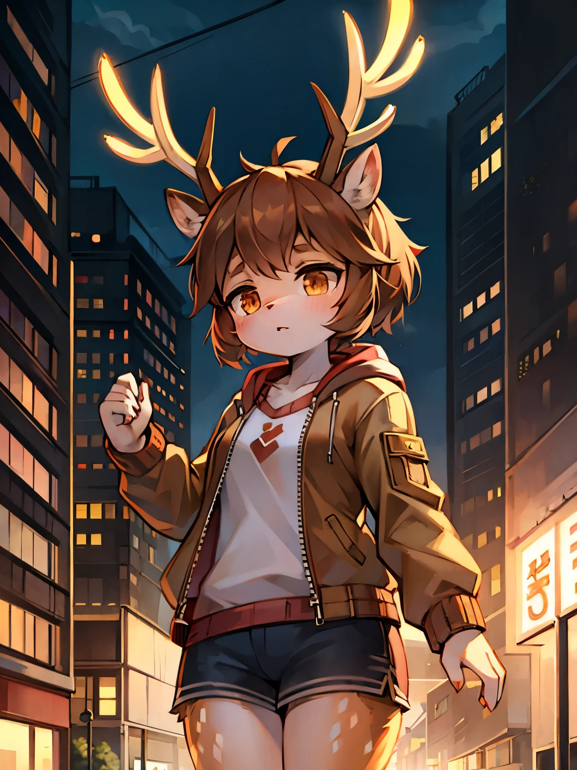 It's sunny outside,Deer girl,antlers,Female focus,hairy woman,Characteristics of a -year-girl,rt and small,cute appearance,Shorts and Jackets,short skirt,city bright background