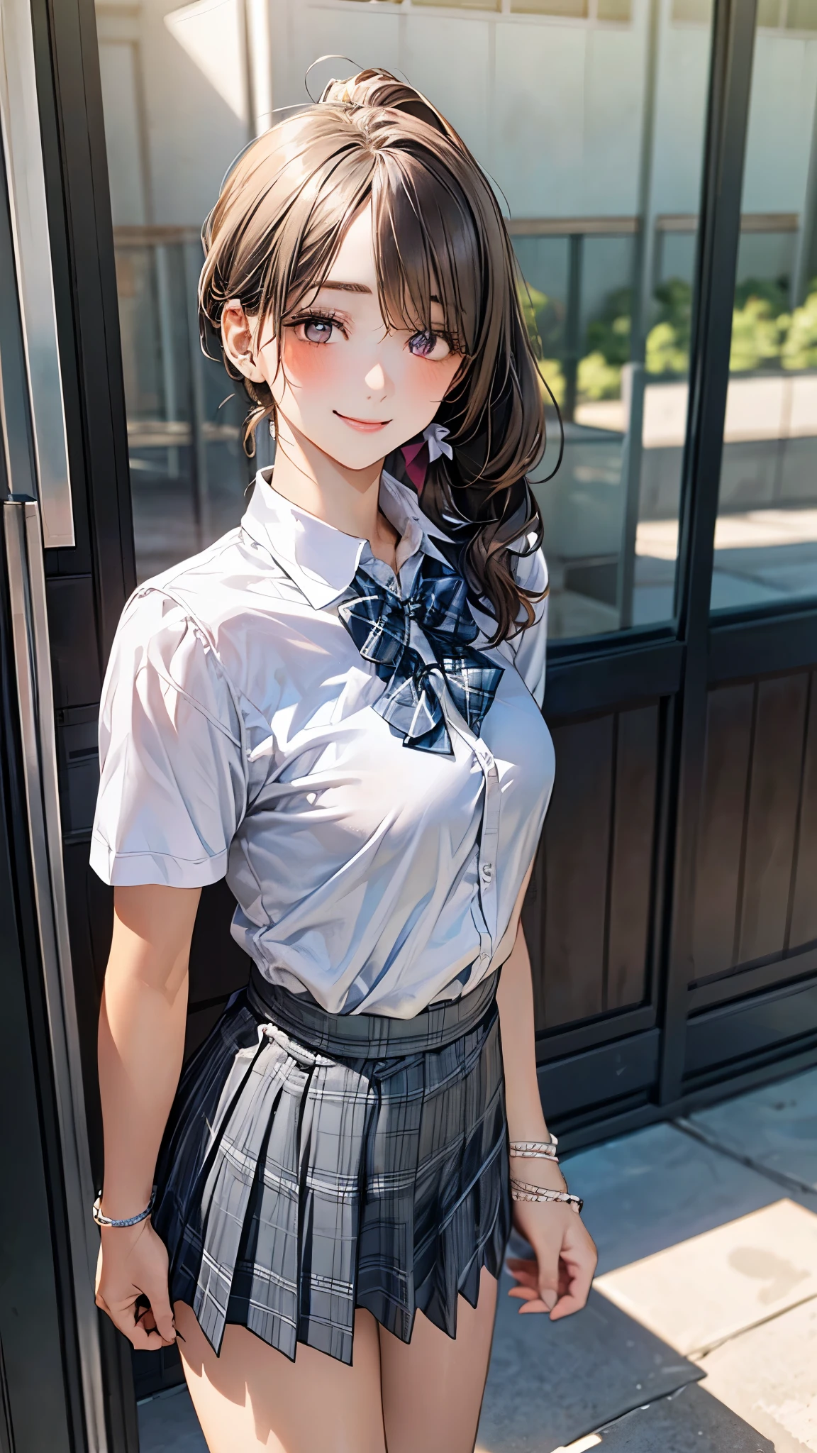 (masterpiece:1.2, top-quality), (realistic, photorealistic:1.4), beautiful illustration, (natural side lighting, movie lighting),
looking at viewer, full body, front view:0.6, 1 girl, japanese, high school girl, perfect face, cute and symmetrical face, suntan, shiny skin,
(long hair:1.5, side ponytail:1.4, brown hair), hair over one eye:1.4, maroon eyes, long eye lasher, (large breasts:0.6),
beautiful hair, beautiful face, beautiful detailed eyes, beautiful clavicle, beautiful body, beautiful chest, beautiful thigh, beautiful legs, beautiful fingers,
((collared short sleeve shirt, white shirt, , grey plaid pleated skirt, blue plaid bow tie), wrist chakra),
(beautiful scenery), school, (standing, open legs, skirt hold), (lovely smile, upper eyes),