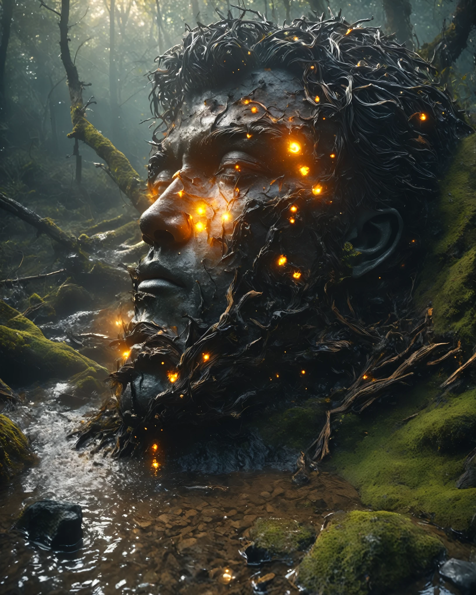 from above, bokeh, UHD, masterpiece, high details, high quality, award winning, best quality, highres, 16k，
(Looking up angle），Big Dumb Object，（Portrait of huge handsome man head sculpture collapsed in water：1.3），Great Wilderness，Dense fog，old，Dead branches，Art style of Philip Hodas，Matte of the human soul, realism ，BDO works by American digital artist Stuart Lippincott，Use advanced tones and shading，Creates a dazzling and mysterious light，The deep spatial pattern and mysterious atmosphere,Create a sci-fi mechanical god realm,Highlighting the insignificance of human beings，and fear of the unknown，minimalist art，fantasy，Surrealism，Black and orange background，