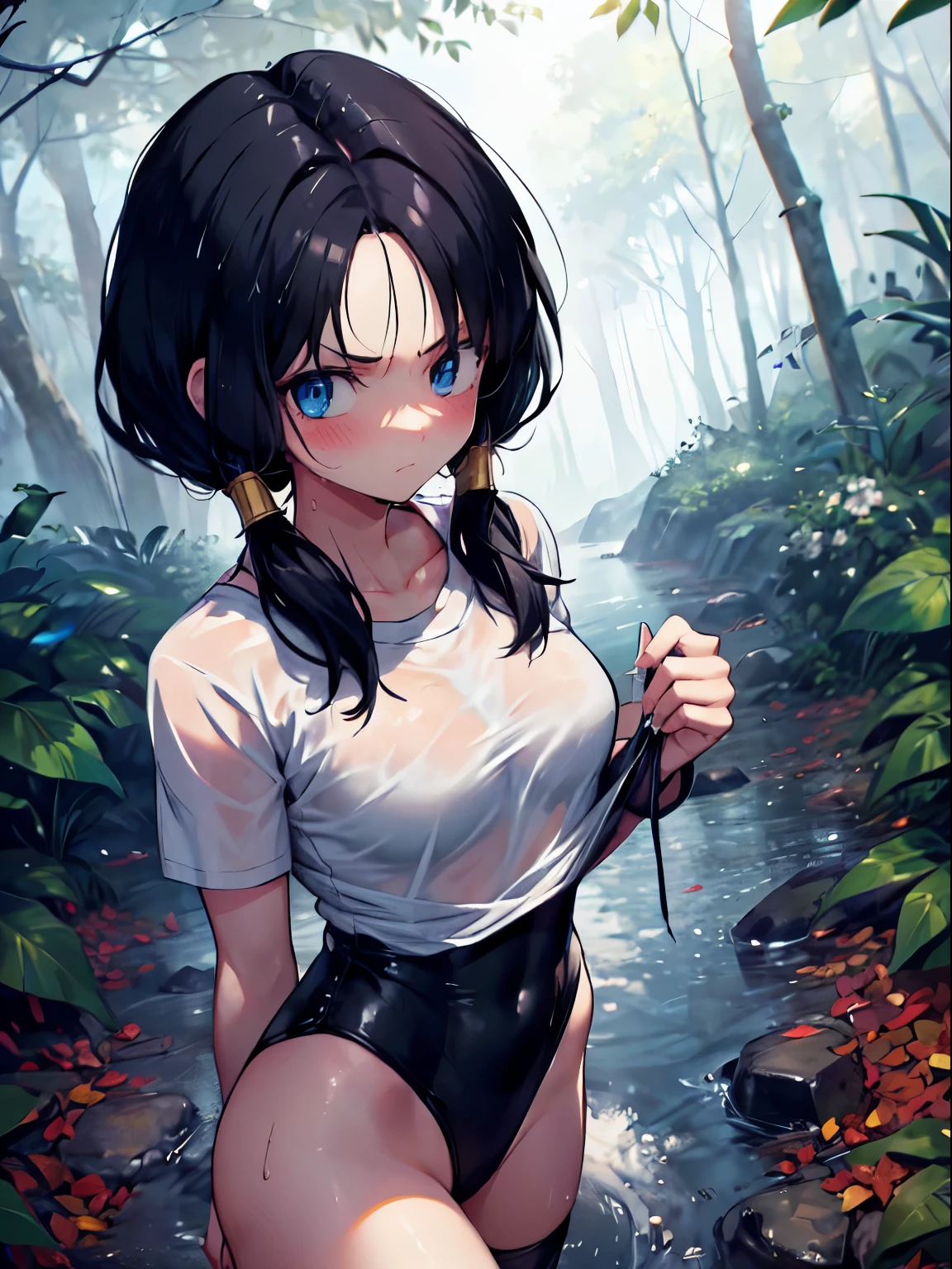 videl,Saw 2,black hair,blue eyes,Low twintails and short cut,black leotard,barefoot,serious face,blush,Sweat,rain,wet,forest,soil,fog,serious face,walk,