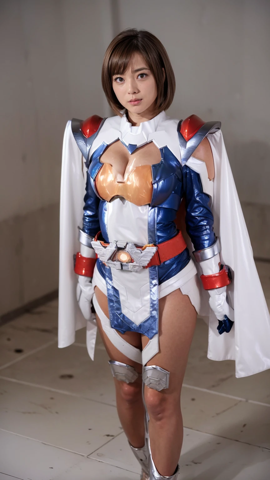 A woman wearing a Power Girl style Kamen Rider Majed costume、26 years old、Beautiful bare legs、brown hair、Outside honey medium bob hair、High resolution、8K、dull smile、erotic、beautiful feet、White Micro Bikini Armor、shoulder metal armor、blue metal boots、red cloak、blue gloves、T-back、Wedgie、Mansuji、 Movie-like goddess body shot,unreal engine characters、standing posture
