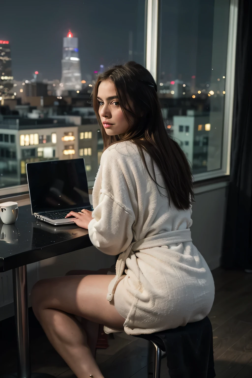 ((best quality)), ((masterpiece)), (detailed), perfect face, foreground woman (shoulder length hair), thin bathrobe draped around her shoulders, sitting at a table, back turned to camera, facing a laptop in front of a floor to ceiling window, (city skyline at night), laptop screen dark with vague reflection os seated woman