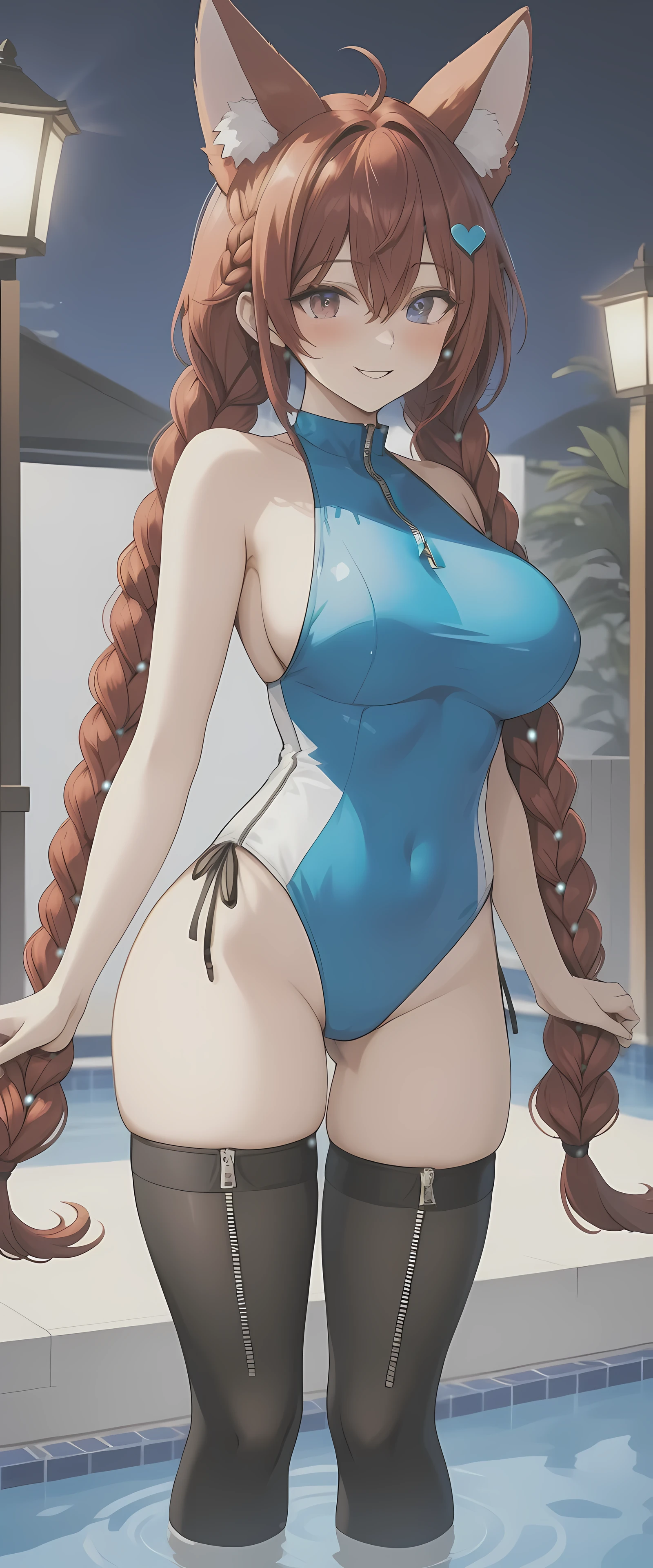 (8k, 4k, Masterpiece, Ultra quality, Ultra detail, HDR, Blue archive, Brighter colors), (1girl, Kitsune ears, Cherry-red hair, medium hair, Bangs over one eye, Long double braids, Blush, Heart pupils, lustful look, smiling, heavy breath, breasts, (Swimsuit with zipper, middle Zipper to crotch, thigh-highs, cameltoe), standing in a pool