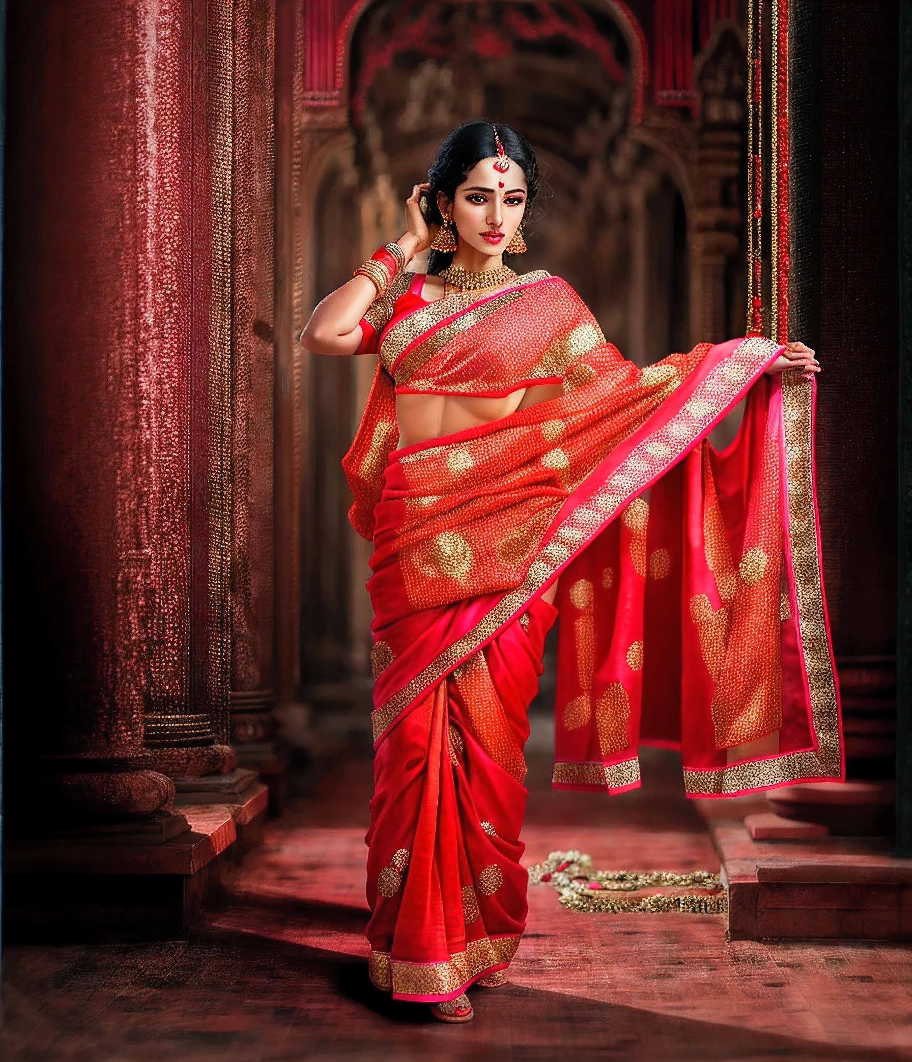 arafed woman in a red sari posing for a picture, clothing photography, inspired by T. K. Padmini, dressed in a sari, sari, high quality portrait photoshoot, very beautiful enga style, wearing sari, commercial photography, wearing a sari, 7 0 mm. dramatic lighting, indian empress, candid photography, promotional photography, modeling photography, studio photography portrait